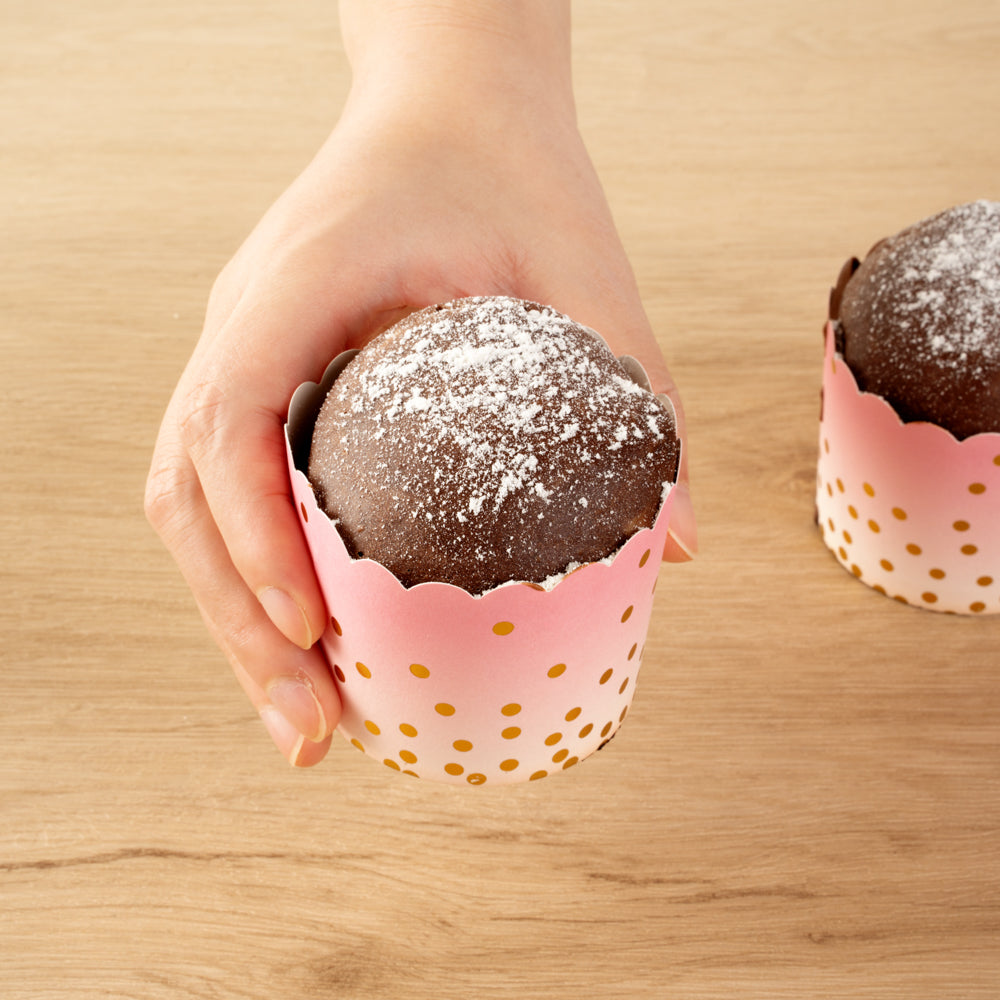 Panificio 4.5 oz Pink Paper Scalloped Baking Cup - Gold Polka Dots - 2 3/4" x 2 3/4" x 2" - 500 count box