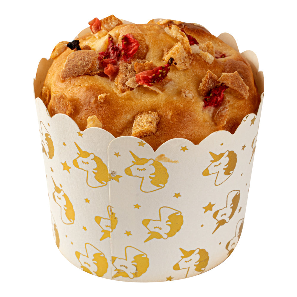 Panificio 4.5 oz White Paper Scalloped Baking Cup - Gold Unicorns - 2 3/4" x 2 3/4" x 2" - 50 count box