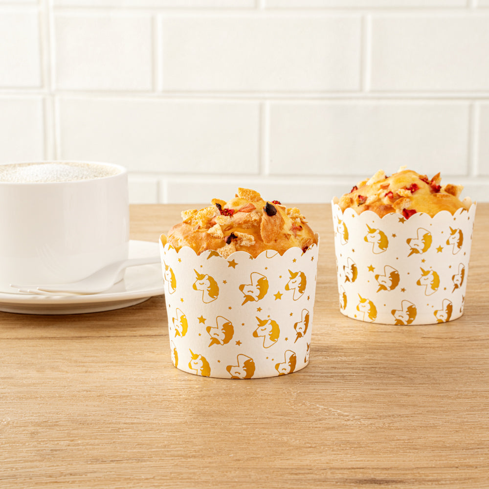 Panificio 4.5 oz White Paper Scalloped Baking Cup - Gold Unicorns - 2 3/4" x 2 3/4" x 2" - 50 count box