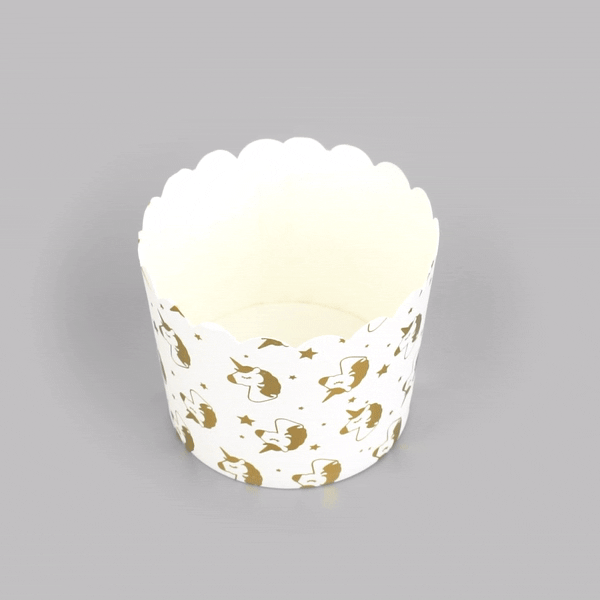 Panificio 4.5 oz White Paper Scalloped Baking Cup - Gold Unicorns - 2 3/4" x 2 3/4" x 2" - 50 count box