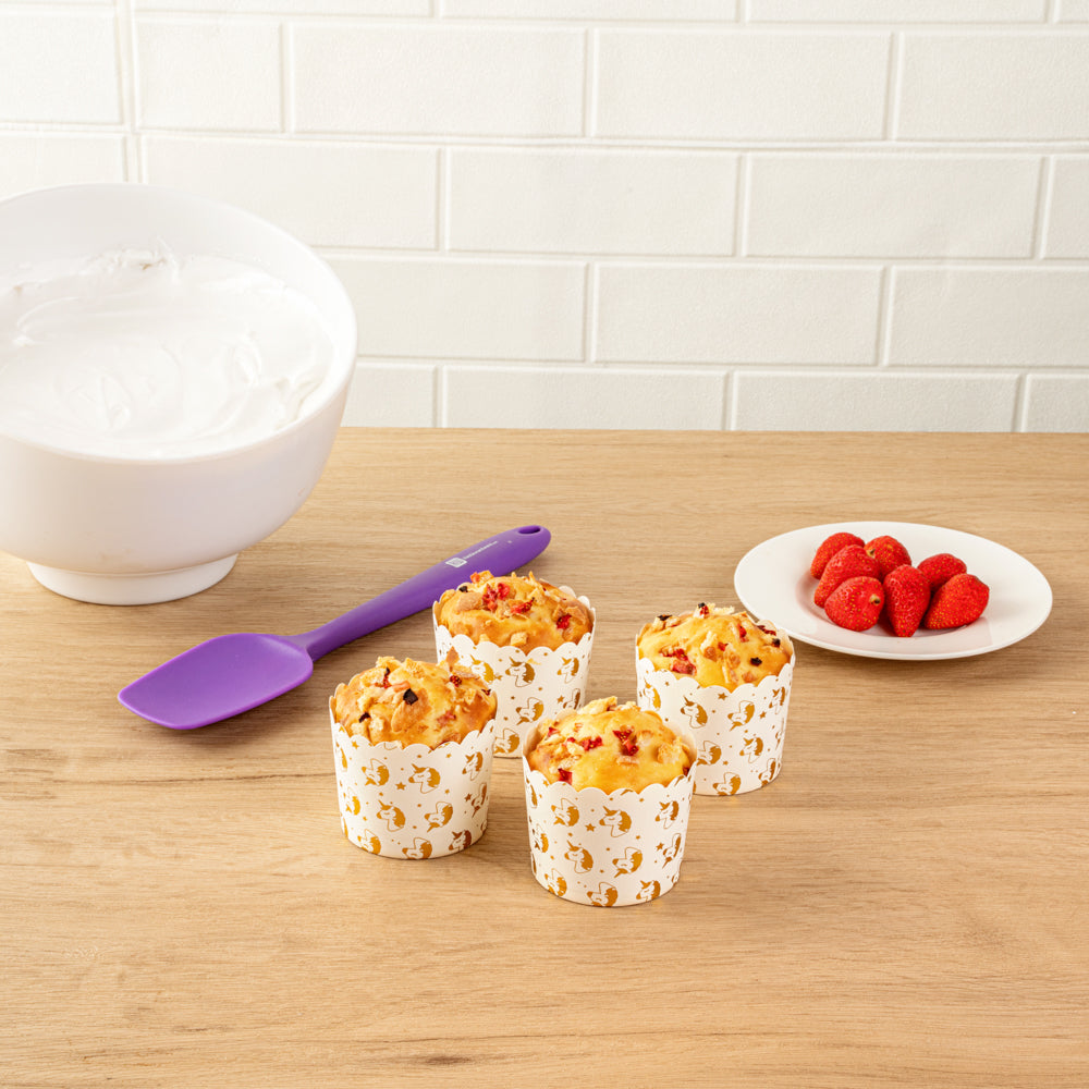 Panificio 4.5 oz White Paper Scalloped Baking Cup - Gold Unicorns - 2 3/4" x 2 3/4" x 2" - 50 count box