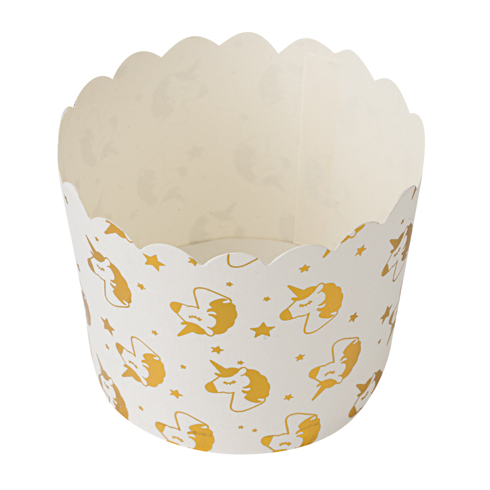 Panificio 4.5 oz White Paper Scalloped Baking Cup - Gold Unicorns - 2 3/4" x 2 3/4" x 2" - 500 count box