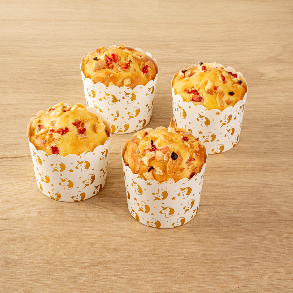 Panificio 4.5 oz White Paper Scalloped Baking Cup - Gold Unicorns - 2 3/4" x 2 3/4" x 2" - 500 count box