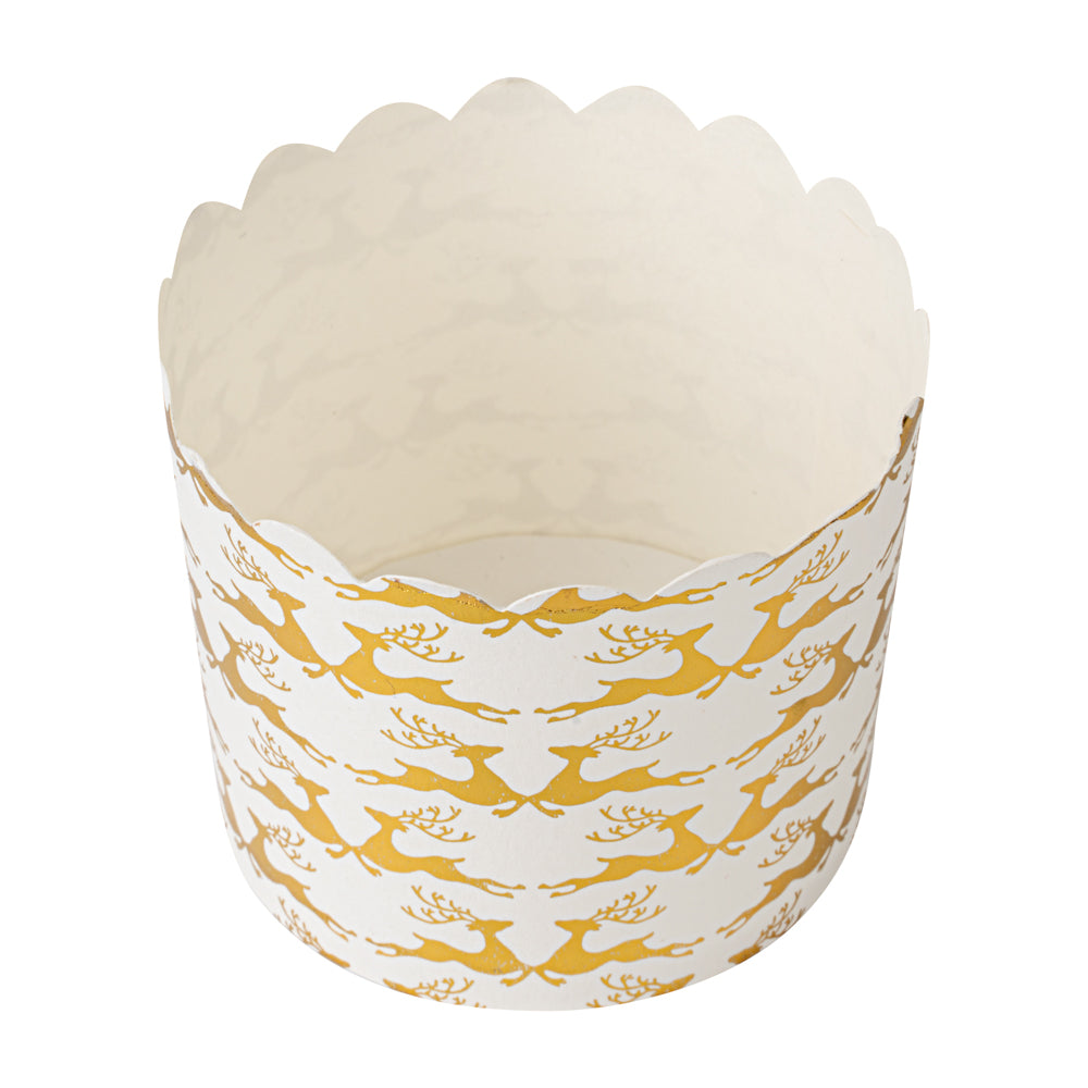 Panificio 4.5 oz White Paper Scalloped Baking Cup - Gold Reindeer - 2 3/4" x 2 3/4" x 2" - 50 count box