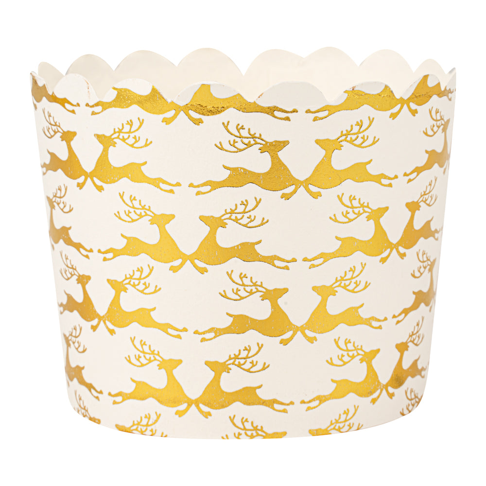 Panificio 4.5 oz White Paper Scalloped Baking Cup - Gold Reindeer - 2 3/4" x 2 3/4" x 2" - 50 count box