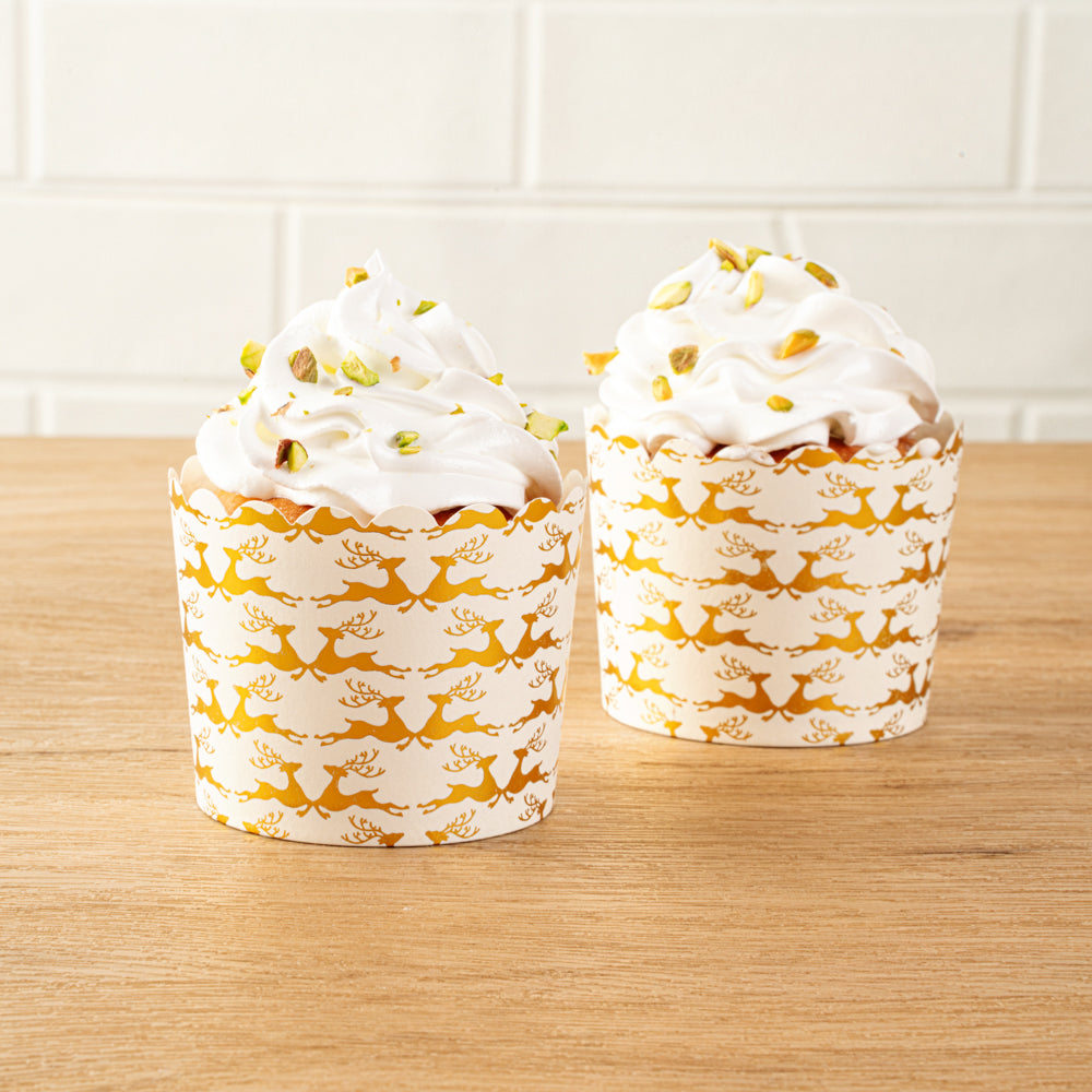 Panificio 4.5 oz White Paper Scalloped Baking Cup - Gold Reindeer - 2 3/4" x 2 3/4" x 2" - 50 count box