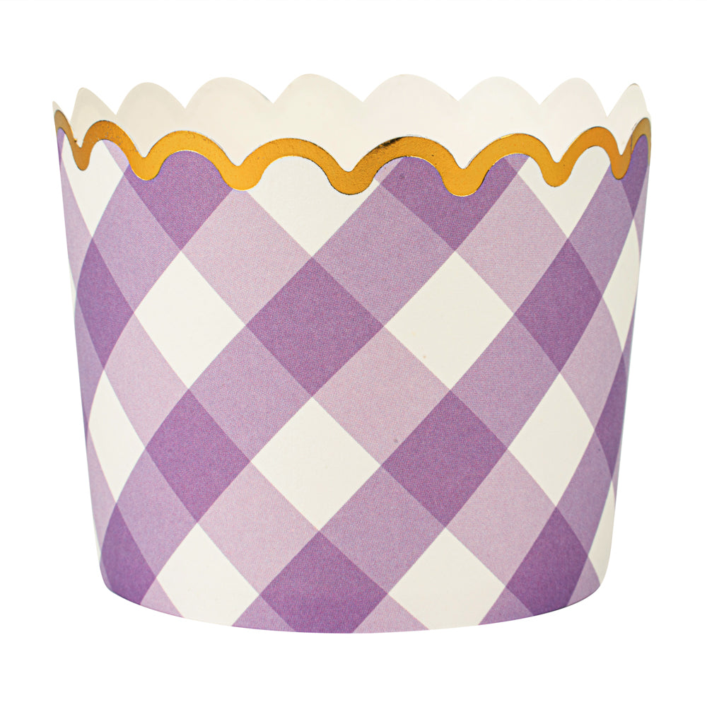 Panificio 4.5 oz Purple Plaid Paper Scalloped Baking Cup - Gold Rim - 2 3/4" x 2 3/4" x 2" - 50 count box