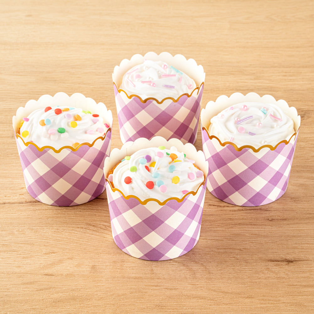 Panificio 4.5 oz Purple Plaid Paper Scalloped Baking Cup - Gold Rim - 2 3/4" x 2 3/4" x 2" - 500 count box