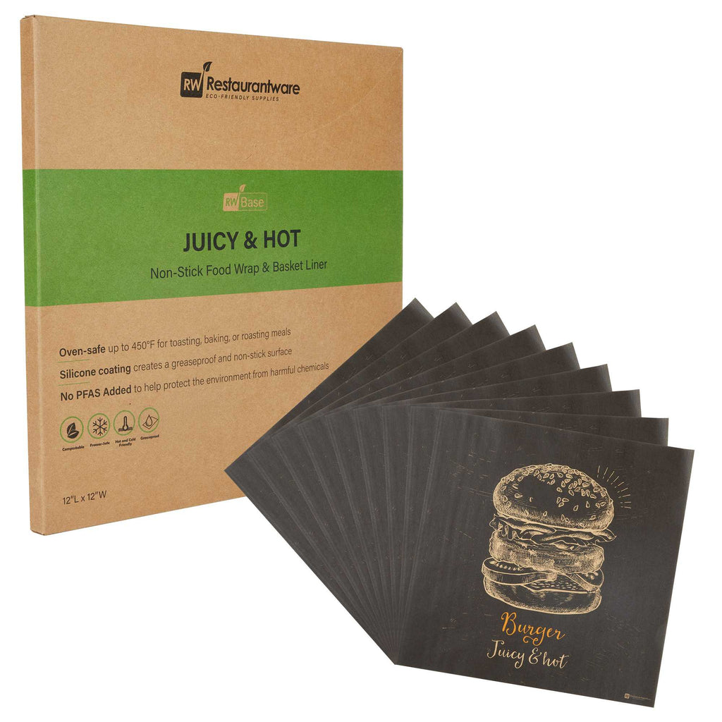 Chef 101 No PFAS Added Kraft Paper Burger Wrap and Fry Basket Liner - Juicy and Hot, Greaseproof, Compostable - 12" x 12" - 2000 count box