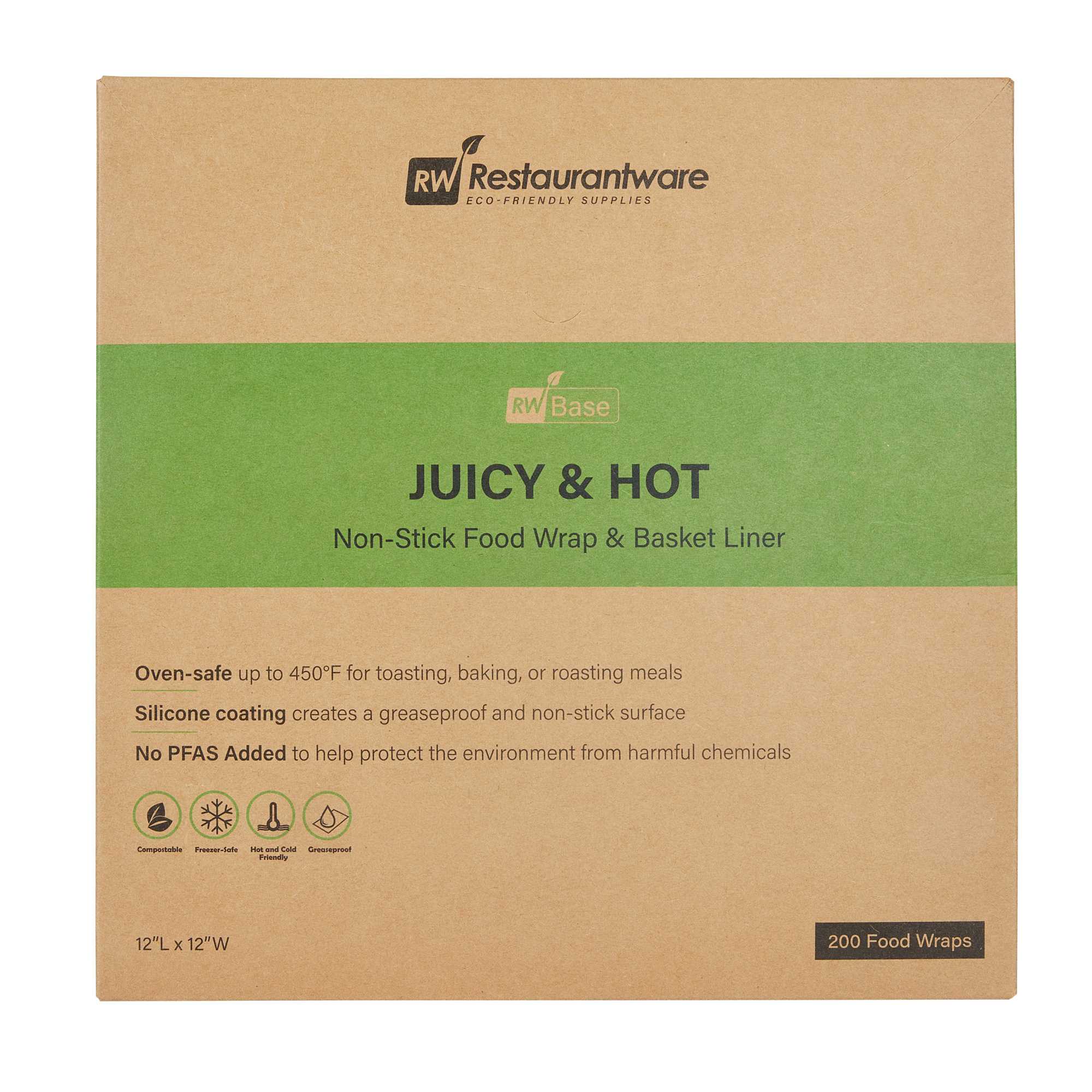 Chef 101 No PFAS Added Kraft Paper Burger Wrap and Fry Basket Liner - Juicy and Hot, Greaseproof, Compostable - 12" x 12" - 200 count box