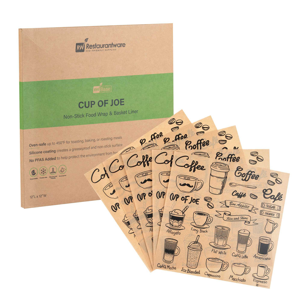 Chef 101 No PFAS Added Kraft Paper Coffee Shop Wrap and Pastry Liner - Cup of Joe, Greaseproof - 12" x 12" - 200 count box