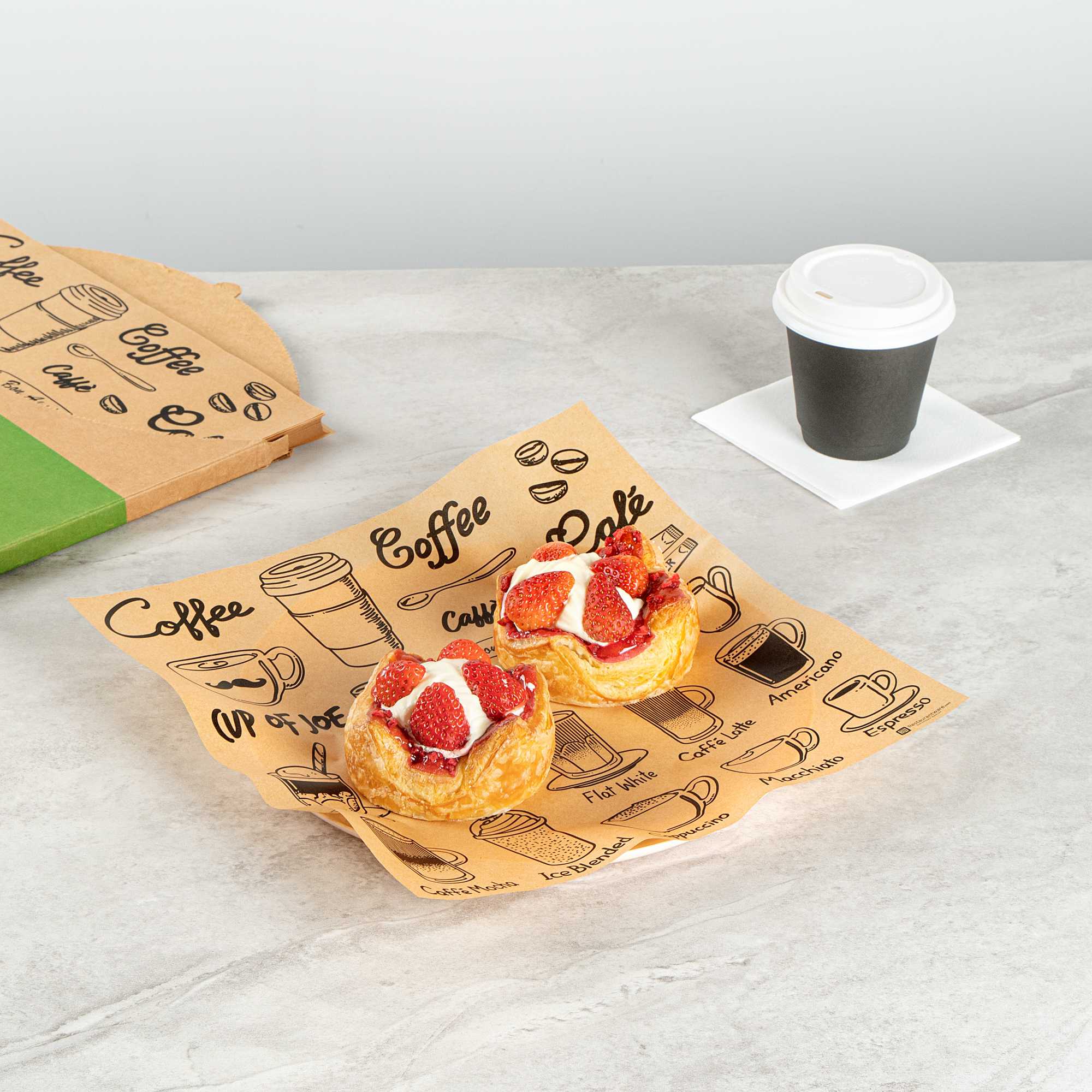 Chef 101 No PFAS Added Kraft Paper Coffee Shop Wrap and Pastry Liner - Cup of Joe, Greaseproof - 12" x 12" - 200 count box