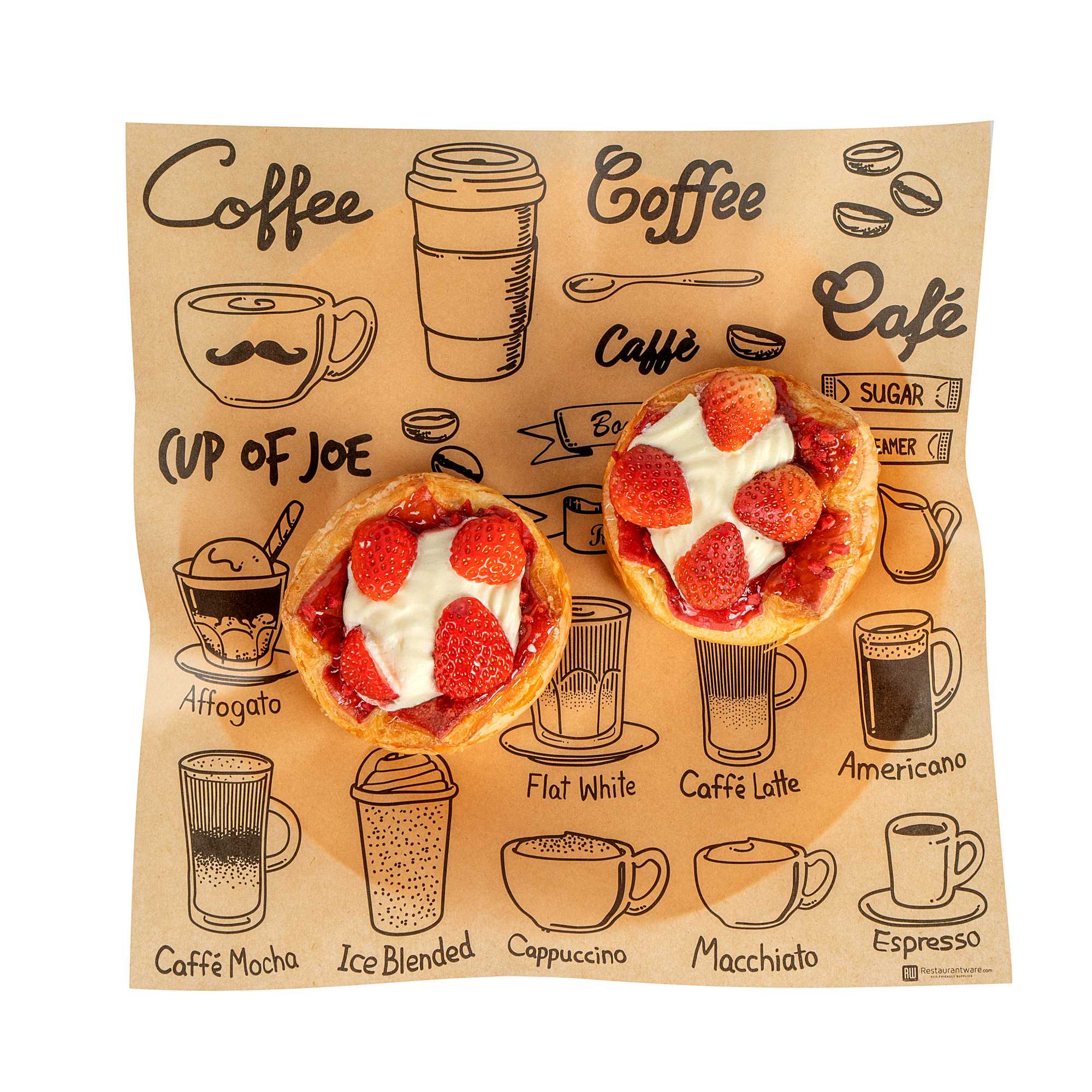 Chef 101 No PFAS Added Kraft Paper Coffee Shop Wrap and Pastry Liner - Cup of Joe, Greaseproof - 12" x 12" - 200 count box