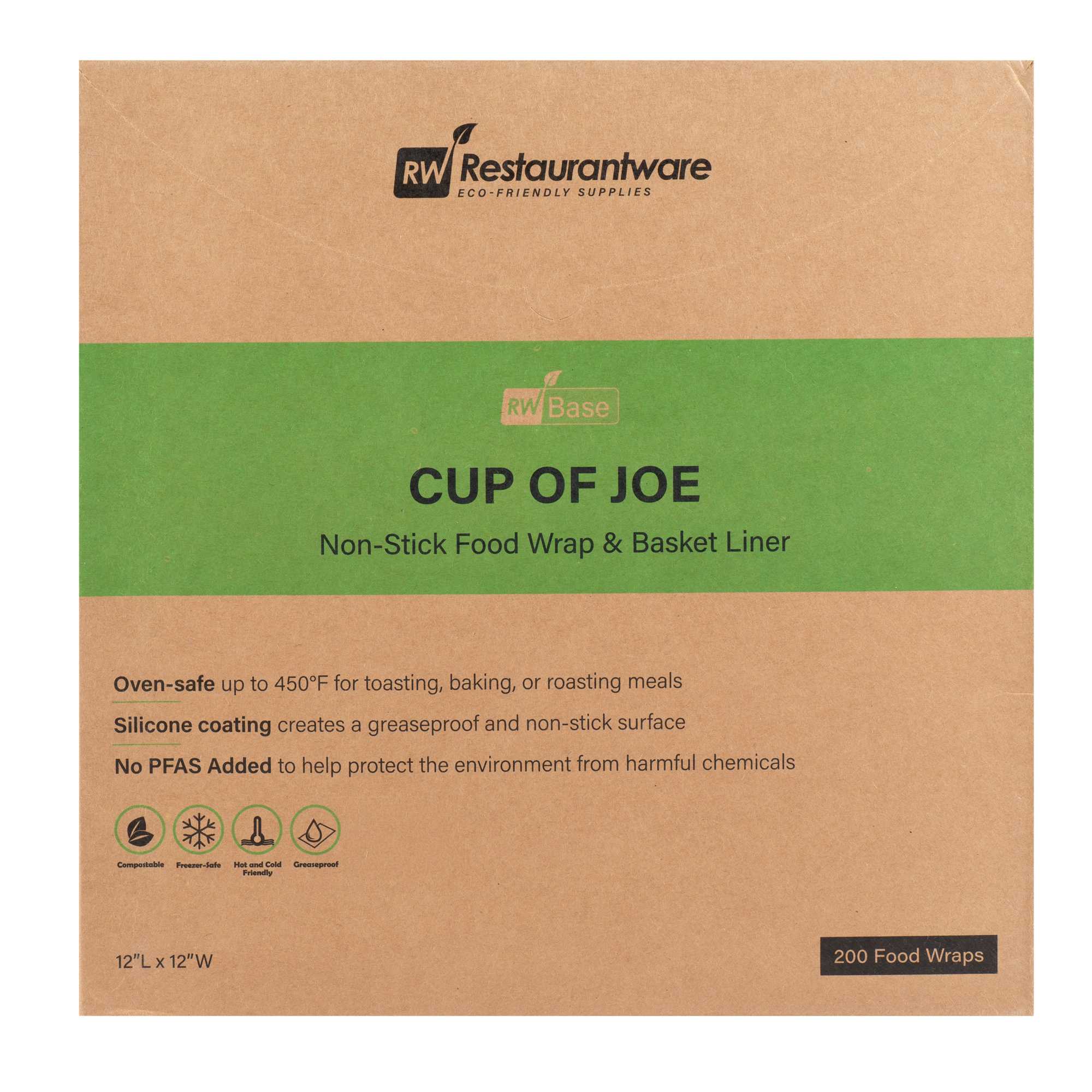 Chef 101 No PFAS Added Kraft Paper Coffee Shop Wrap and Pastry Liner - Cup of Joe, Greaseproof - 12" x 12" - 200 count box