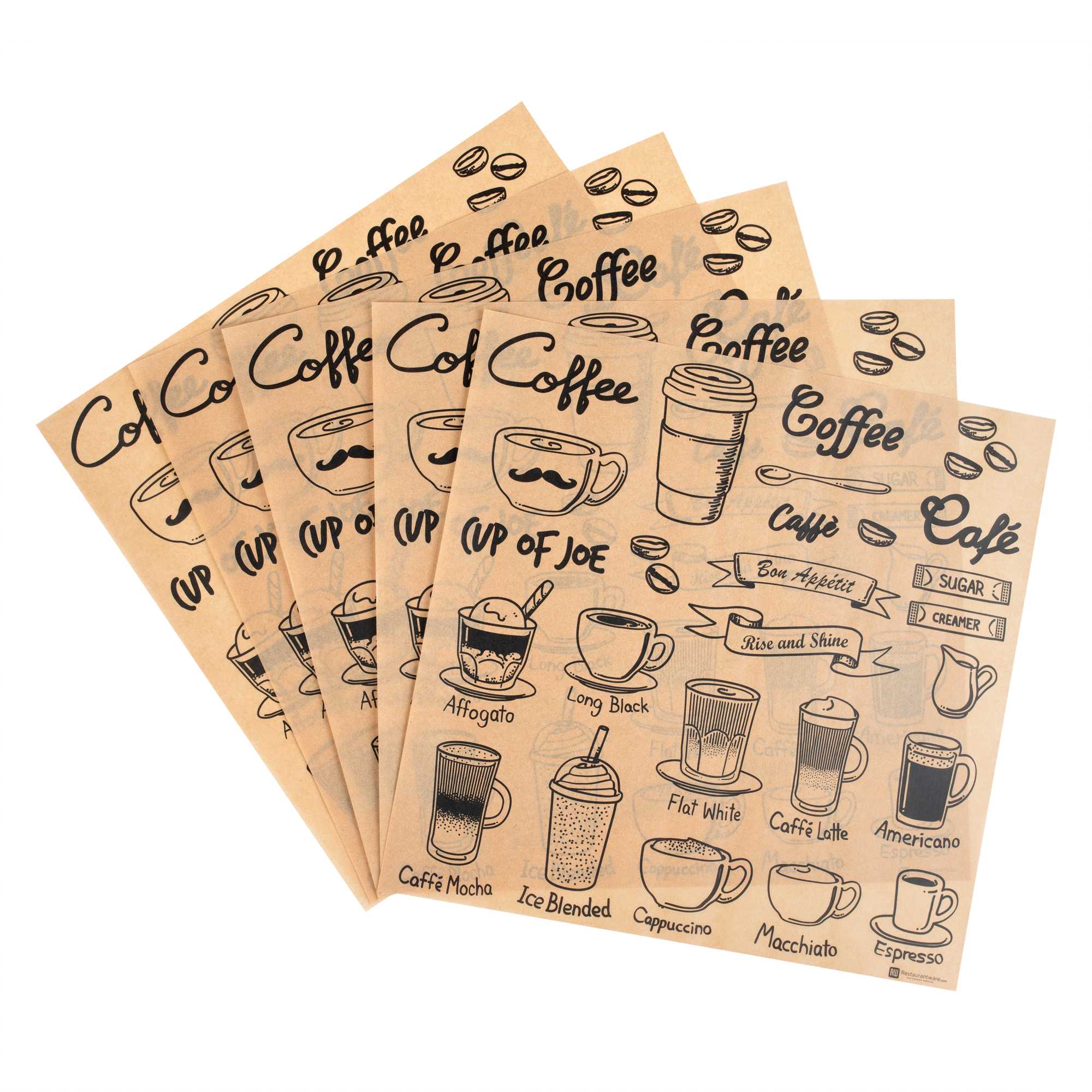 Chef 101 No PFAS Added Kraft Paper Coffee Shop Wrap and Pastry Liner - Cup of Joe, Greaseproof - 12" x 12" - 200 count box