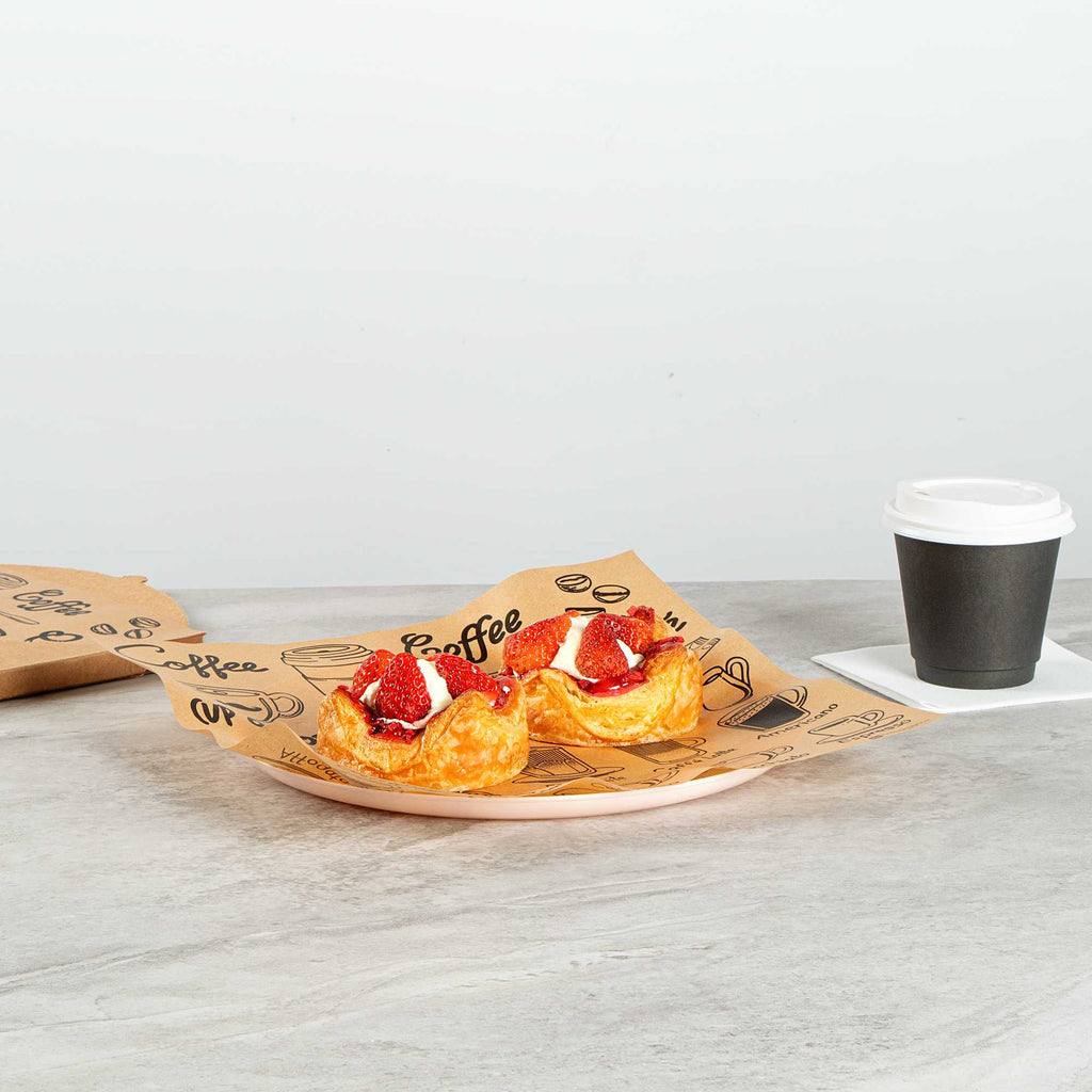 Chef 101 No PFAS Added Kraft Paper Coffee Shop Wrap and Pastry Liner - Cup of Joe, Greaseproof - 12" x 12" - 200 count box