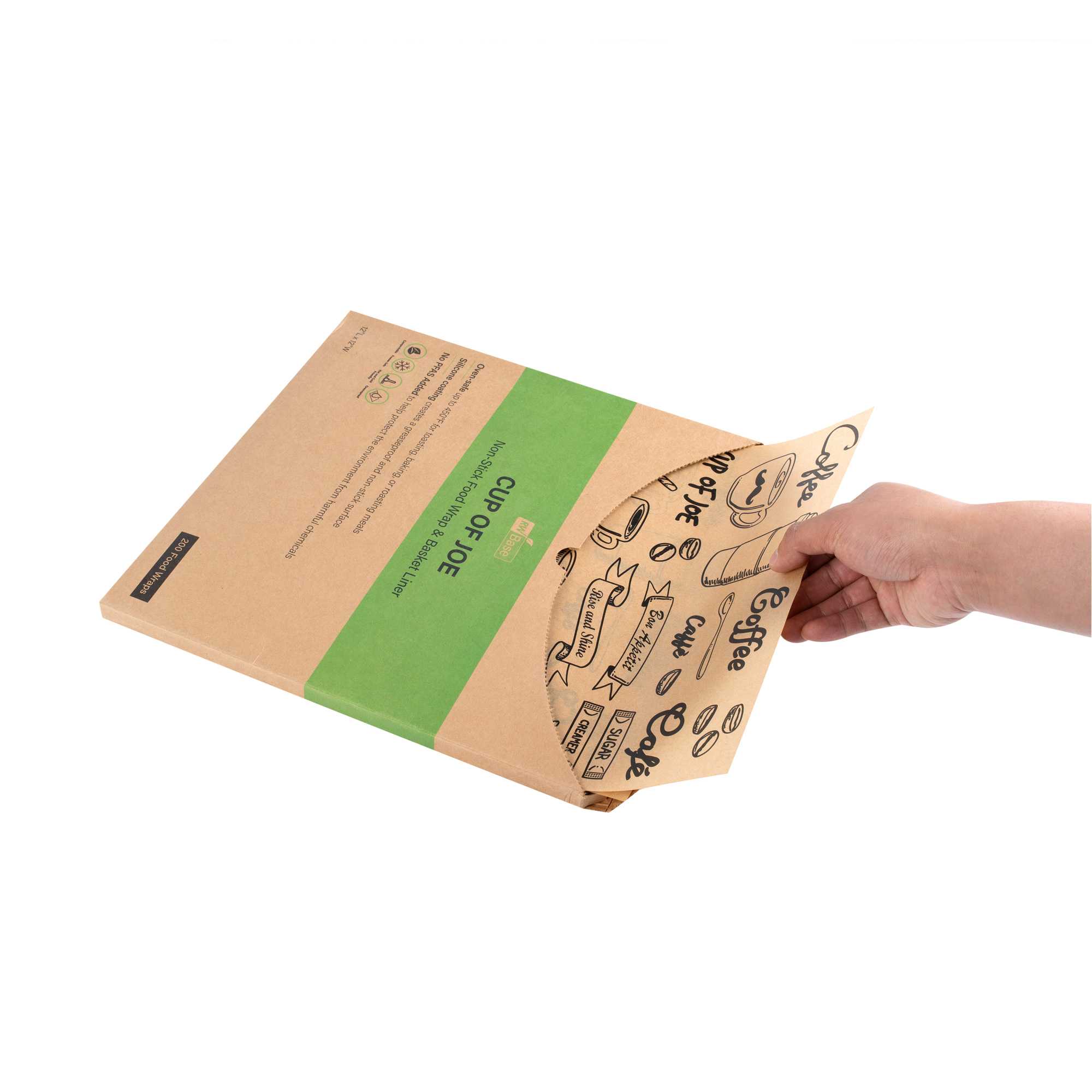 Chef 101 No PFAS Added Kraft Paper Coffee Shop Wrap and Pastry Liner - Cup of Joe, Greaseproof - 12" x 12" - 2000 count box