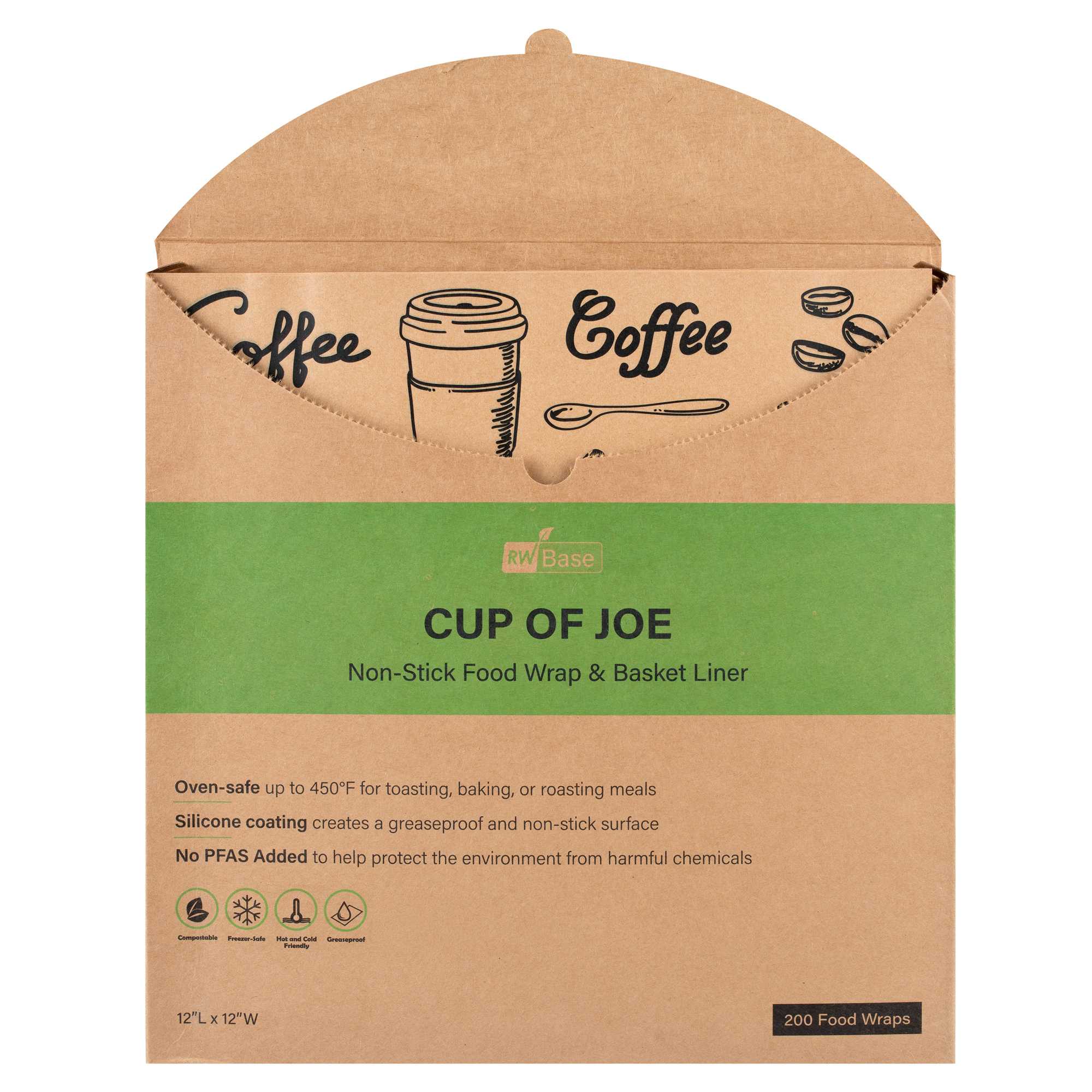 Chef 101 No PFAS Added Kraft Paper Coffee Shop Wrap and Pastry Liner - Cup of Joe, Greaseproof - 12" x 12" - 2000 count box