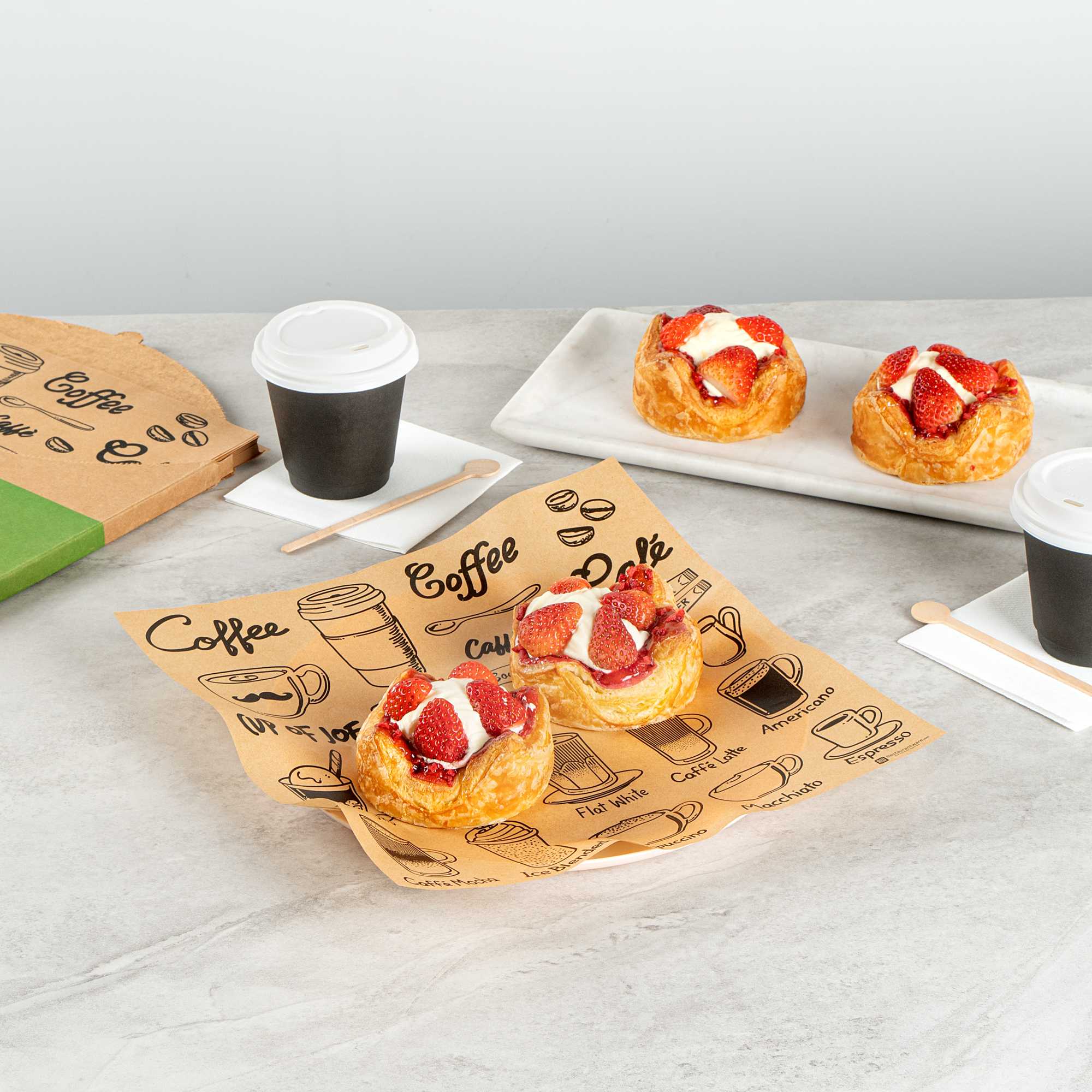 Chef 101 No PFAS Added Kraft Paper Coffee Shop Wrap and Pastry Liner - Cup of Joe, Greaseproof - 12" x 12" - 2000 count box