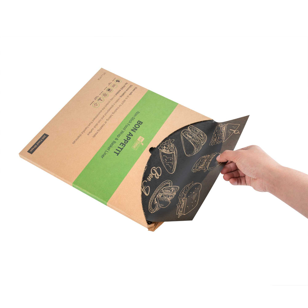 Chef 101 No PFAS Added Black Paper Bakery Wrap and Basket Liner - Bon Appetit, Greaseproof - 12" x 12" - 200 count box