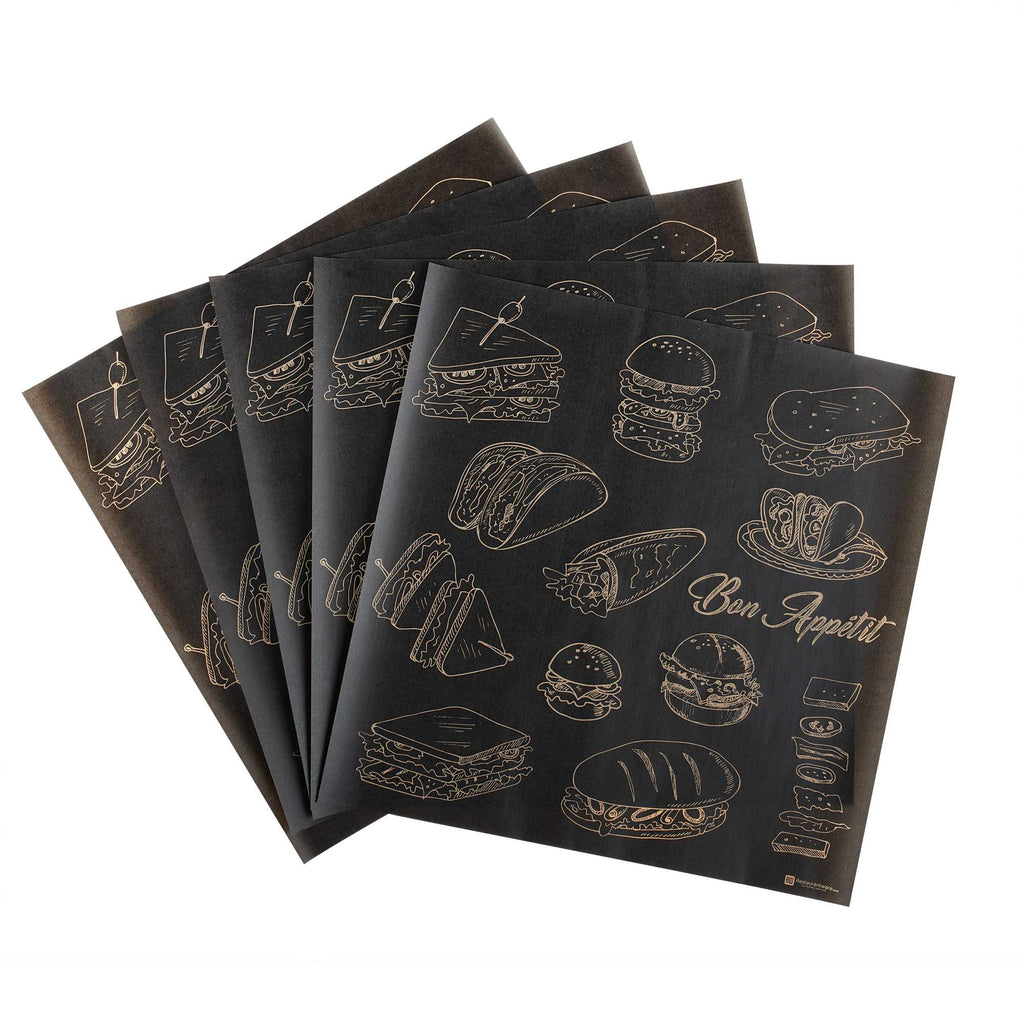 Chef 101 No PFAS Added Black Paper Bakery Wrap and Basket Liner - Bon Appetit, Greaseproof - 12" x 12" - 200 count box