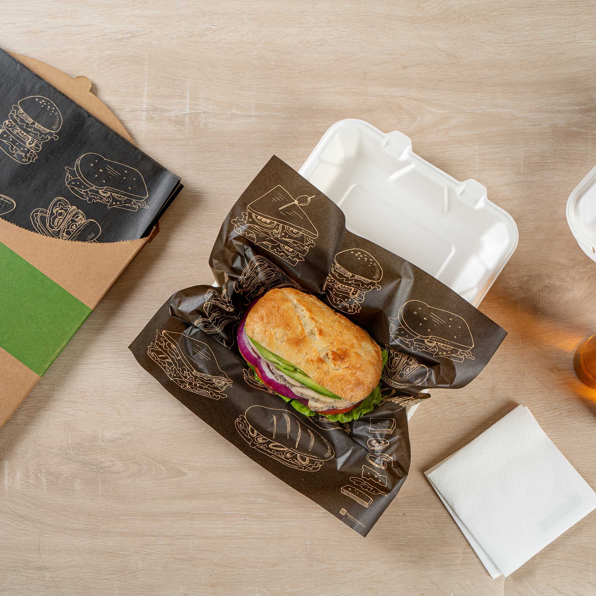 Chef 101 No PFAS Added Black Paper Bakery Wrap and Basket Liner - Bon Appetit, Greaseproof - 12" x 12" - 200 count box