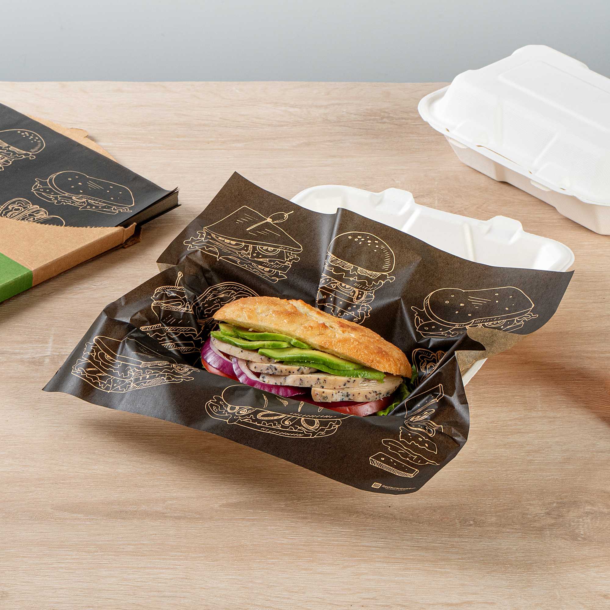Chef 101 No PFAS Added Black Paper Bakery Wrap and Basket Liner - Bon Appetit, Greaseproof - 12" x 12" - 2000 count box