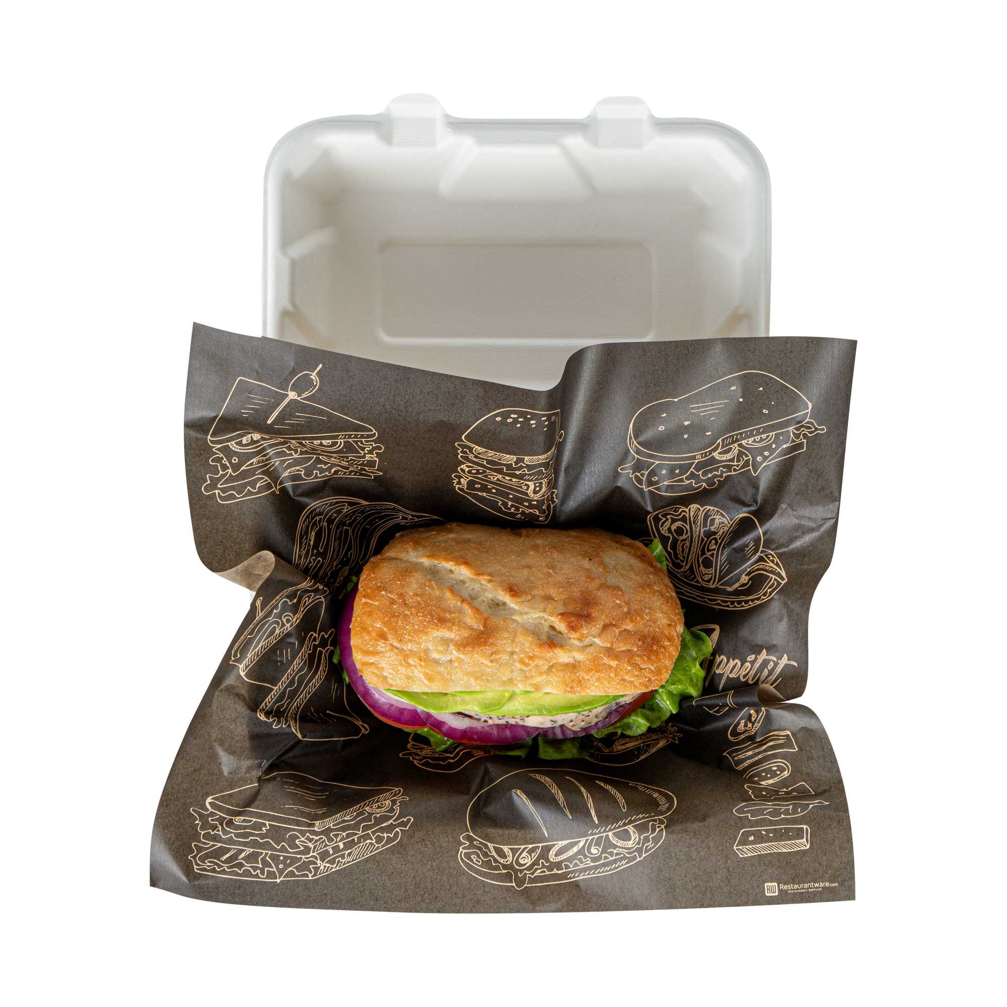 Chef 101 No PFAS Added Black Paper Bakery Wrap and Basket Liner - Bon Appetit, Greaseproof - 12" x 12" - 2000 count box