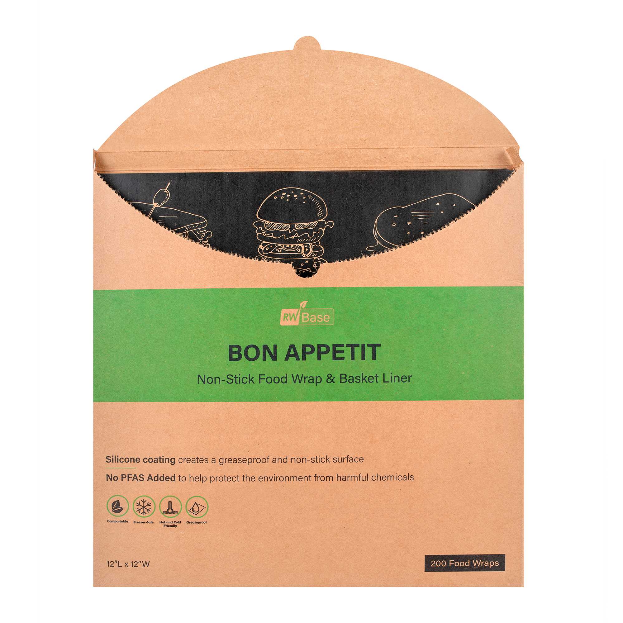 Chef 101 No PFAS Added Black Paper Bakery Wrap and Basket Liner - Bon Appetit, Greaseproof - 12" x 12" - 2000 count box