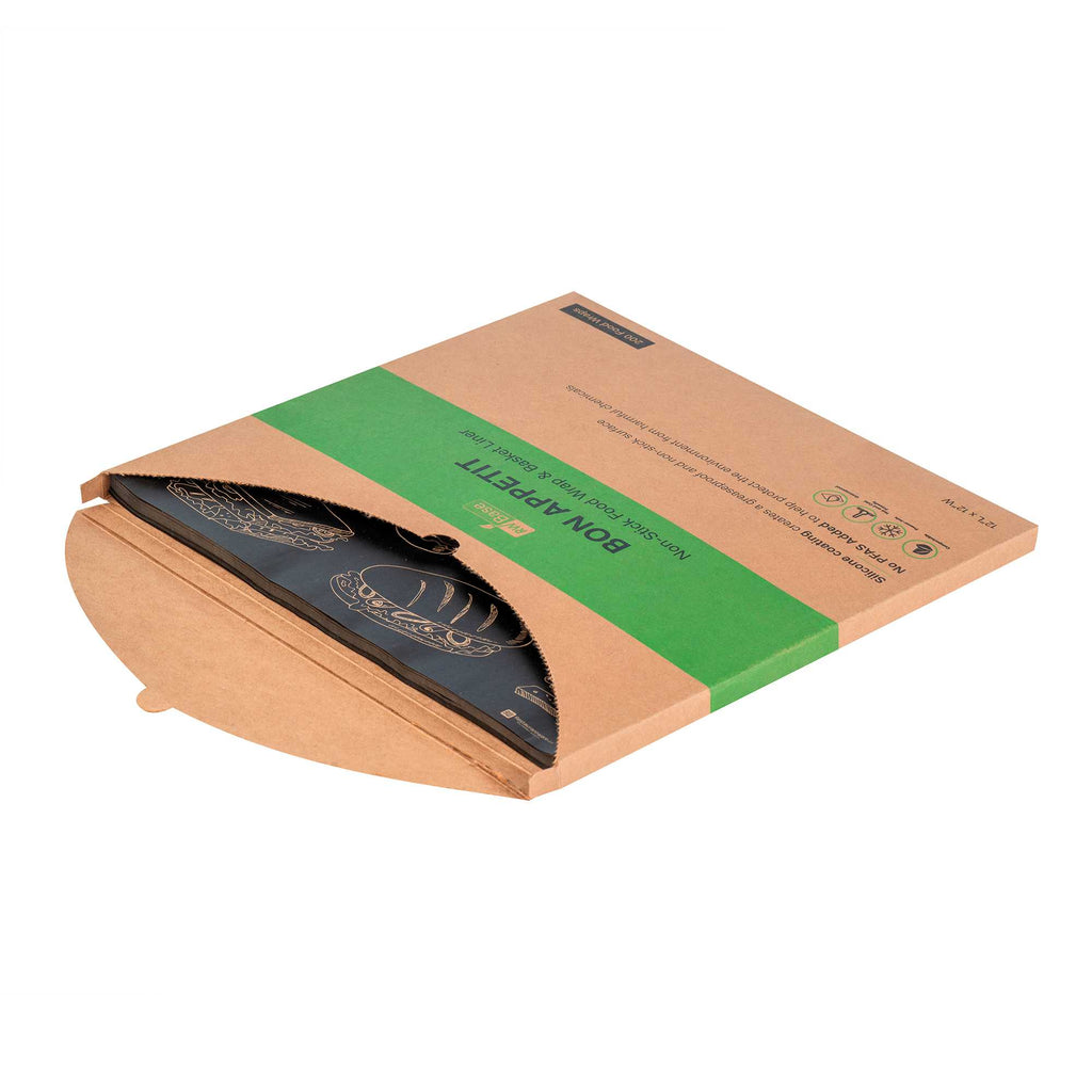 Chef 101 No PFAS Added Black Paper Bakery Wrap and Basket Liner - Bon Appetit, Greaseproof - 12" x 12" - 2000 count box