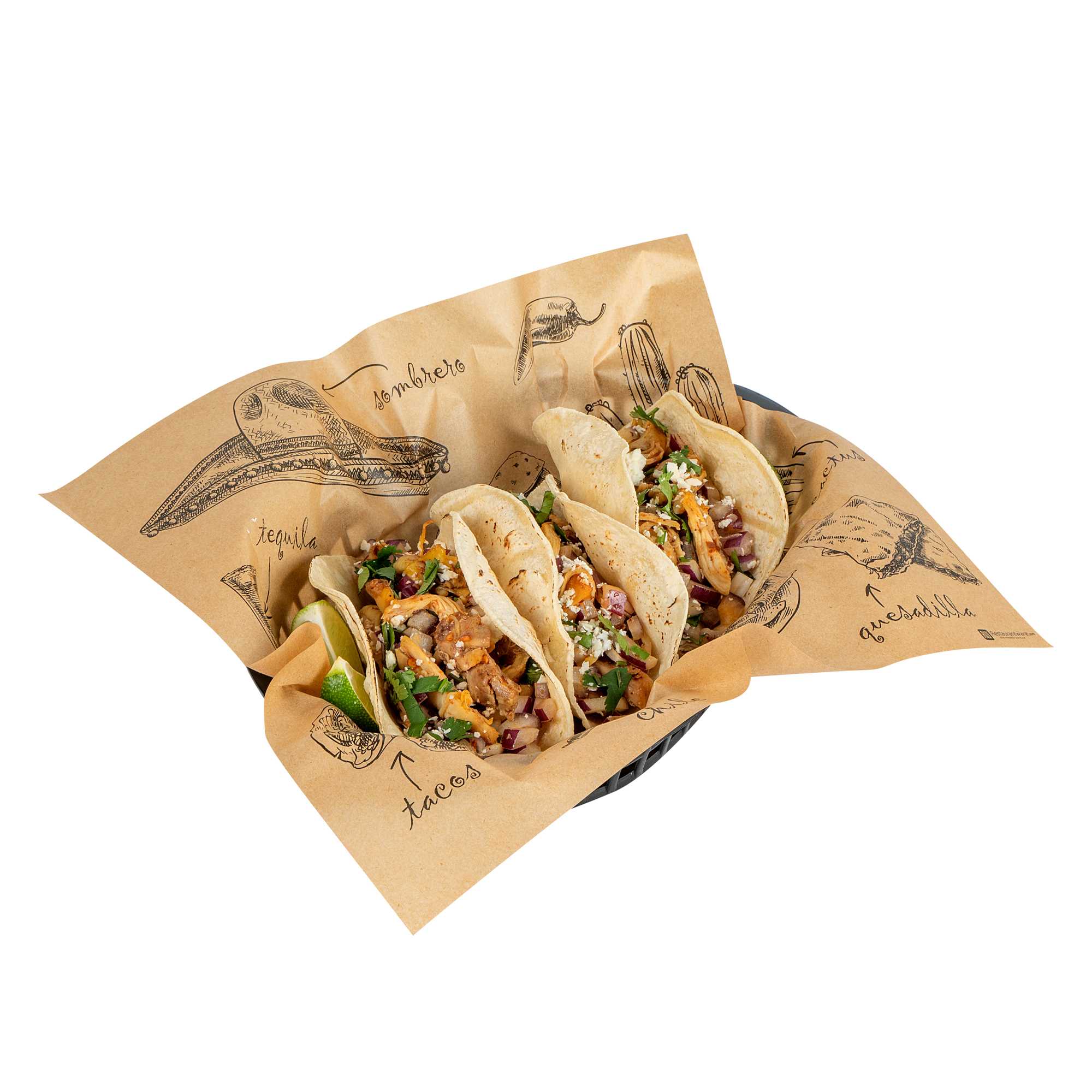 Chef 101 No PFAS Added Kraft Paper Taco Wrap and Chip Liner - Mexican Tradition, Greaseproof - 12" x 12" - 2000 count box
