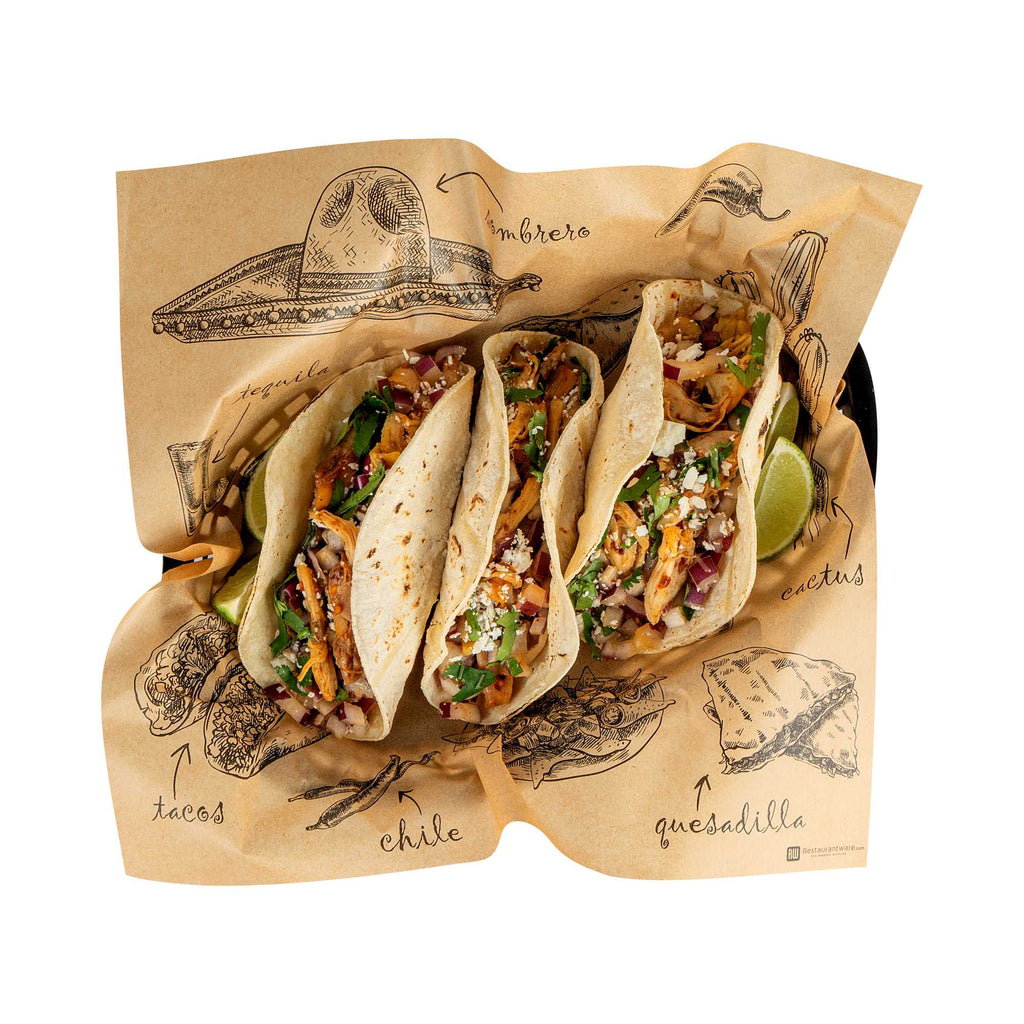 Chef 101 No PFAS Added Kraft Paper Taco Wrap and Chip Liner - Mexican Tradition, Greaseproof - 12" x 12" - 2000 count box