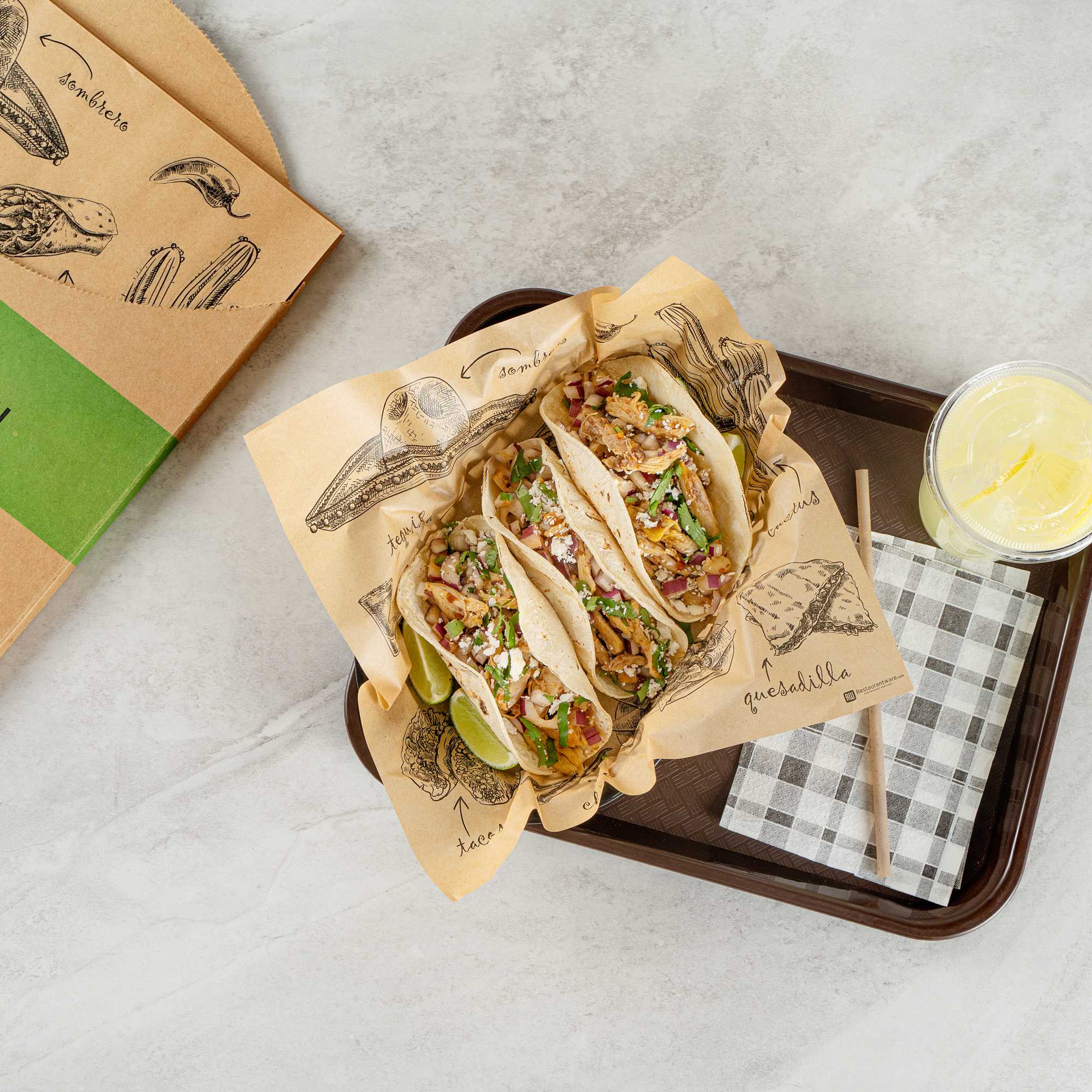 Chef 101 No PFAS Added Kraft Paper Taco Wrap and Chip Liner - Mexican Tradition, Greaseproof - 12" x 12" - 2000 count box