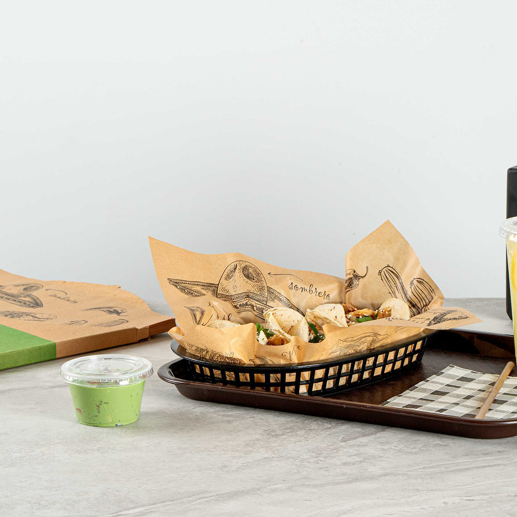 Chef 101 No PFAS Added Kraft Paper Taco Wrap and Chip Liner - Mexican Tradition, Greaseproof - 12" x 12" - 2000 count box