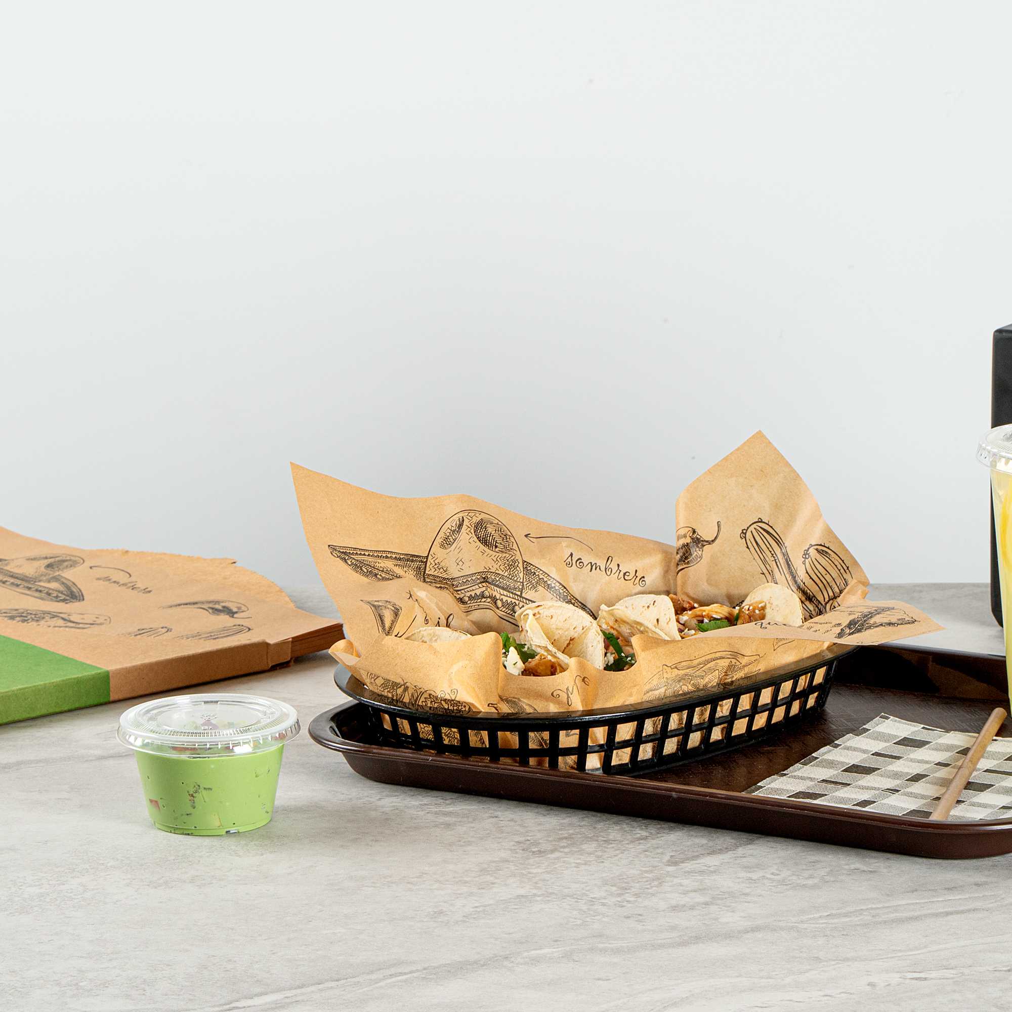 Chef 101 No PFAS Added Kraft Paper Taco Wrap and Chip Liner - Mexican Tradition, Greaseproof - 12" x 12" - 2000 count box