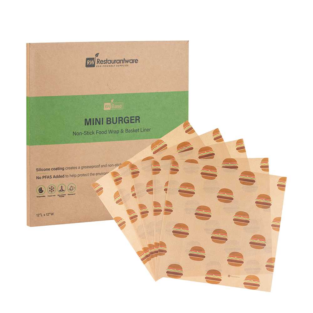 Chef 101 No PFAS Added Kraft Paper Food Wrap and Fry Basket Liner - Mini Burger, Greaseproof - 12" x 12" - 200 count box