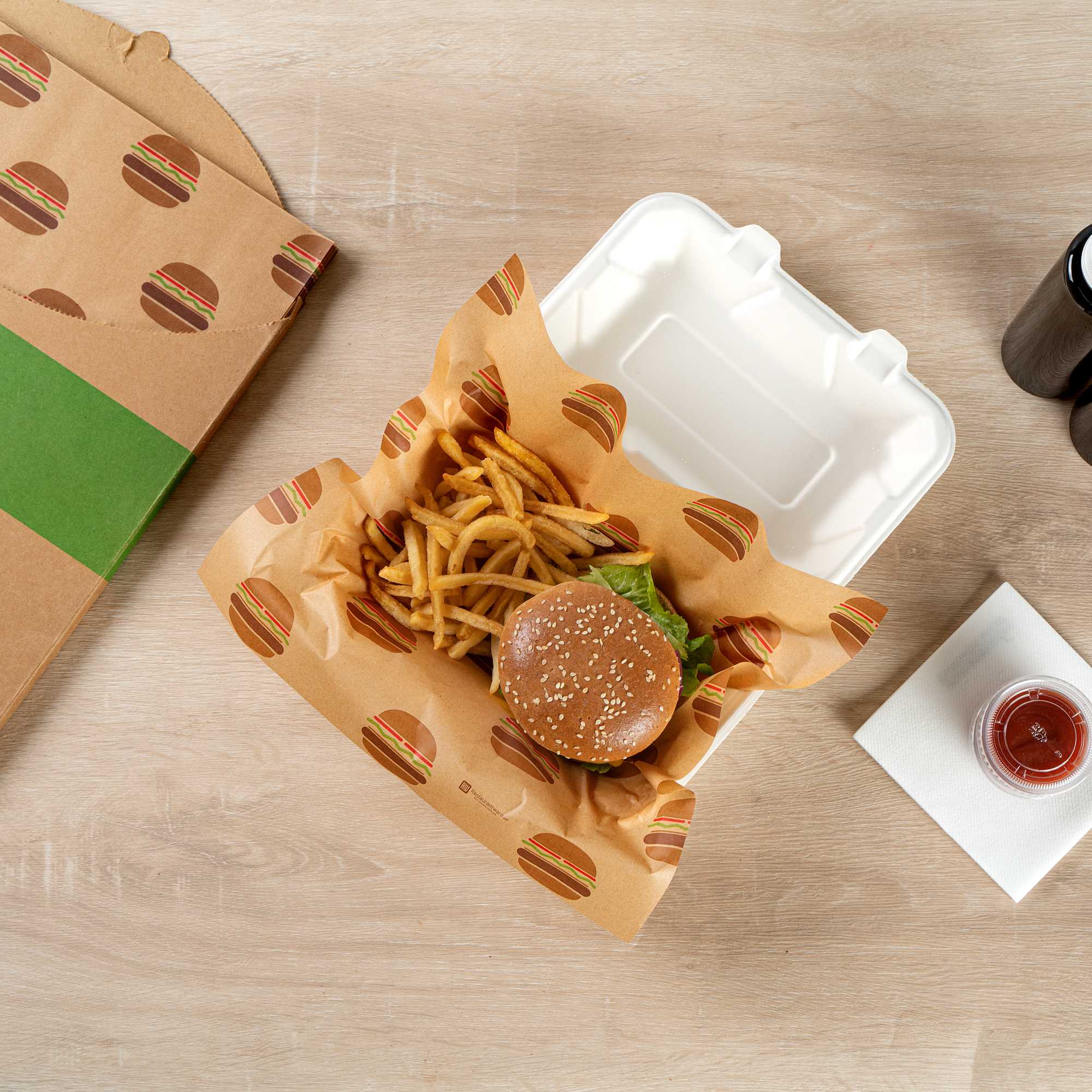 Chef 101 No PFAS Added Kraft Paper Food Wrap and Fry Basket Liner - Mini Burger, Greaseproof - 12" x 12" - 200 count box