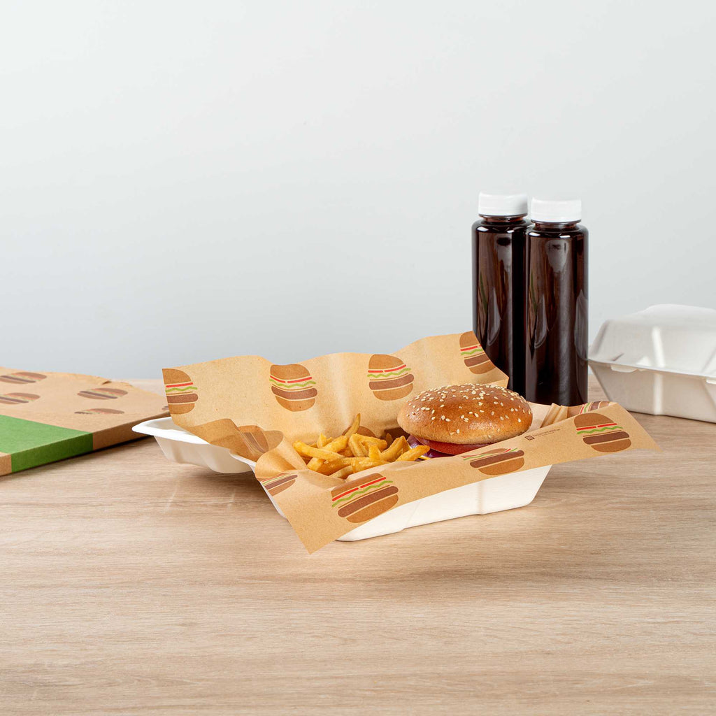 Chef 101 No PFAS Added Kraft Paper Food Wrap and Fry Basket Liner - Mini Burger, Greaseproof - 12" x 12" - 200 count box