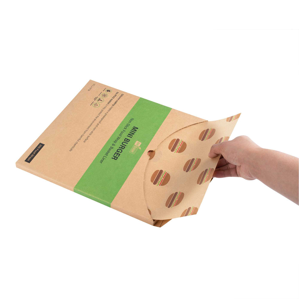 Chef 101 No PFAS Added Kraft Paper Food Wrap and Fry Basket Liner - Mini Burger, Greaseproof - 12" x 12" - 2000 count box