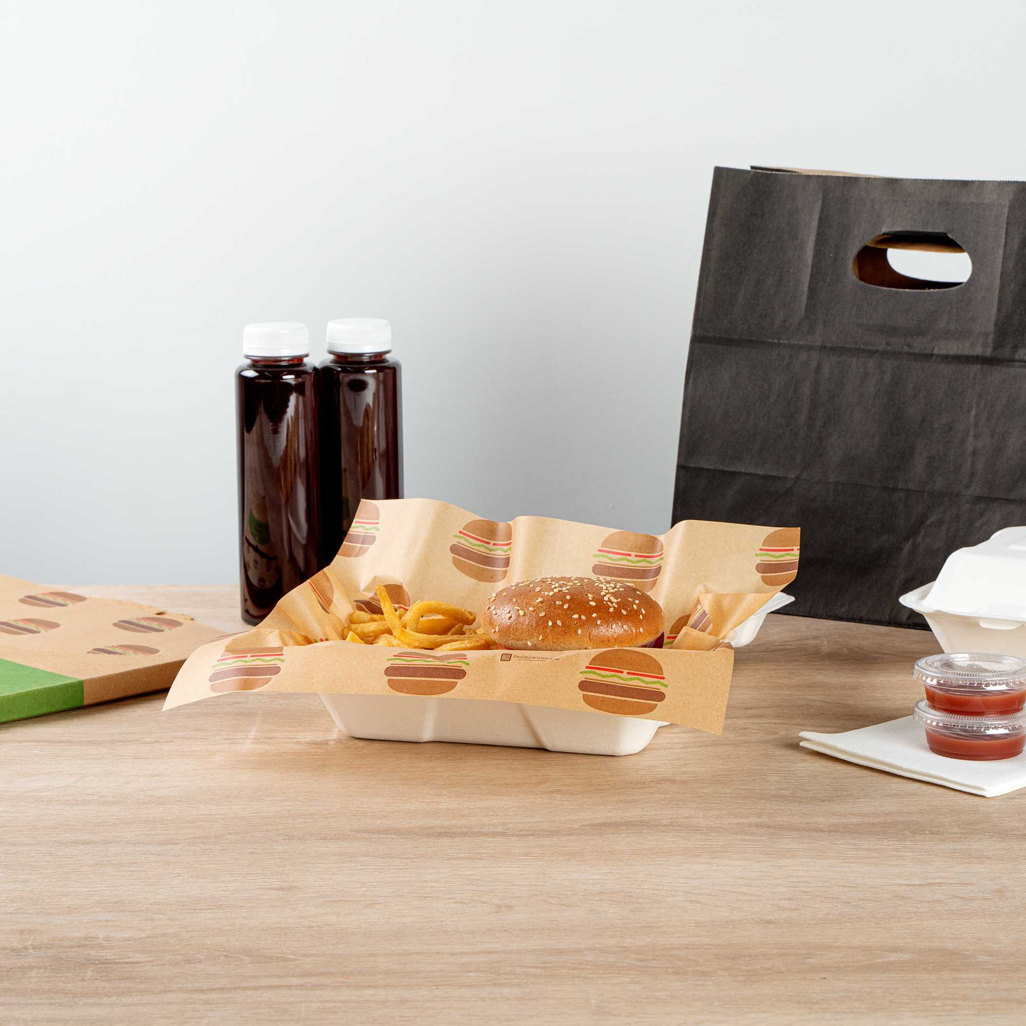 Chef 101 No PFAS Added Kraft Paper Food Wrap and Fry Basket Liner - Mini Burger, Greaseproof - 12" x 12" - 2000 count box