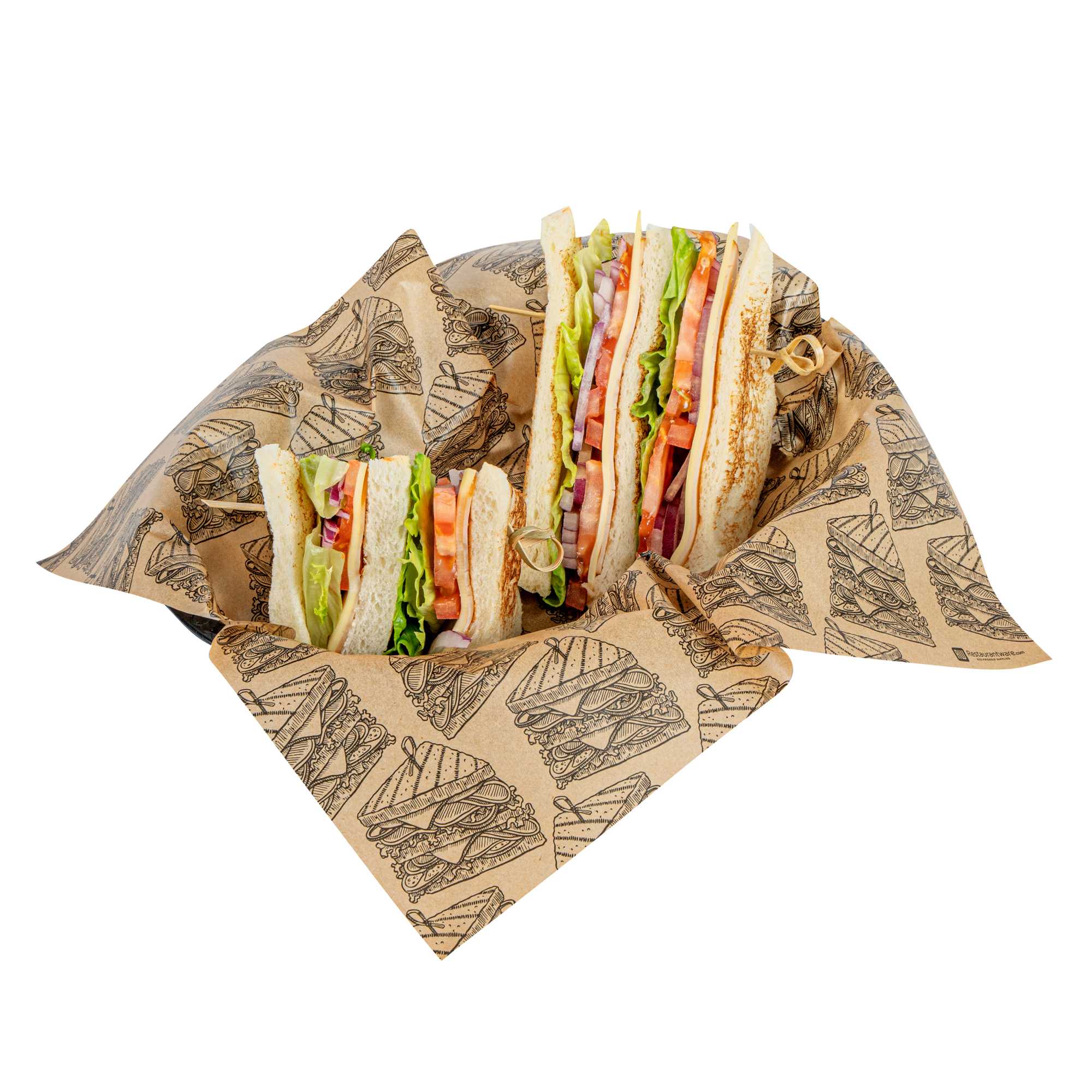 Chef 101 No PFAS Added Kraft Paper Sandwich Wrap and Fry Basket Liner - Triple Decker, Greaseproof - 12" x 12" - 200 count box