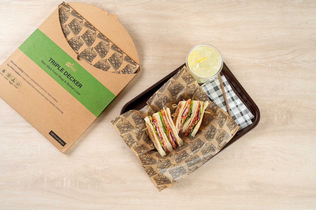 Chef 101 No PFAS Added Kraft Paper Sandwich Wrap and Fry Basket Liner - Triple Decker, Greaseproof - 12" x 12" - 200 count box