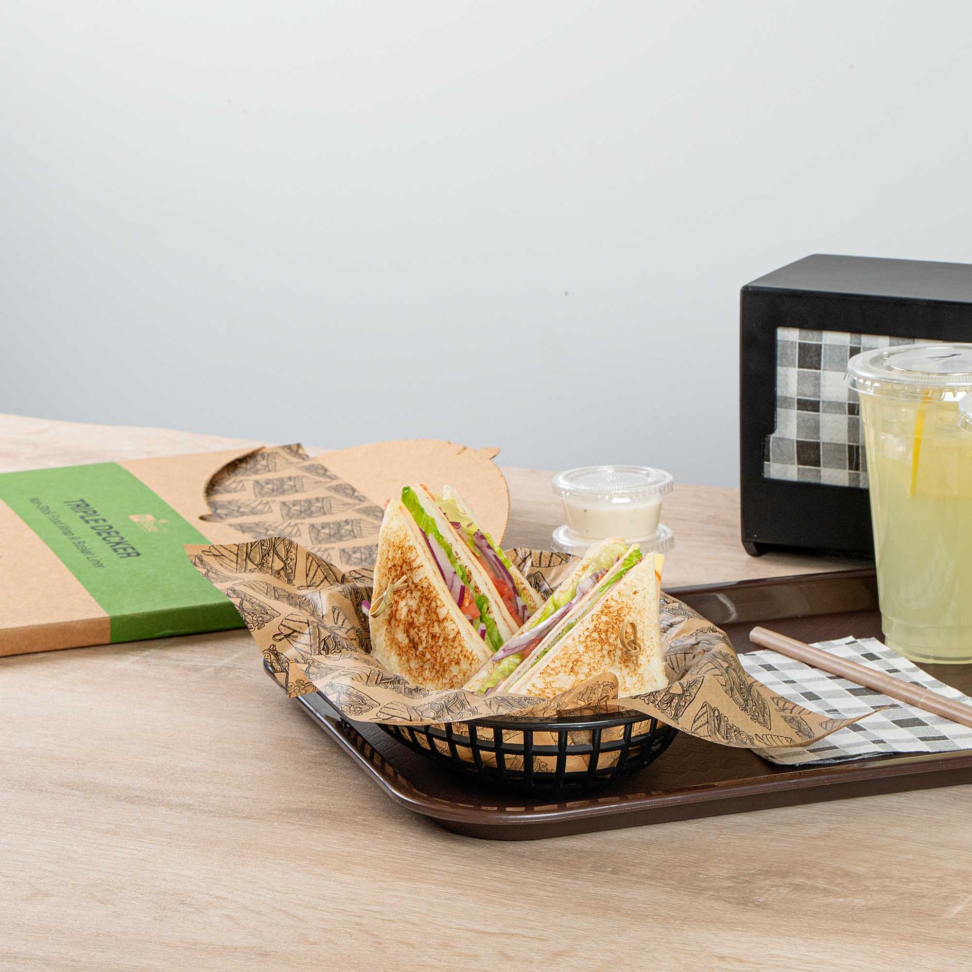 Chef 101 No PFAS Added Kraft Paper Sandwich Wrap and Fry Basket Liner - Triple Decker, Greaseproof - 12" x 12" - 200 count box