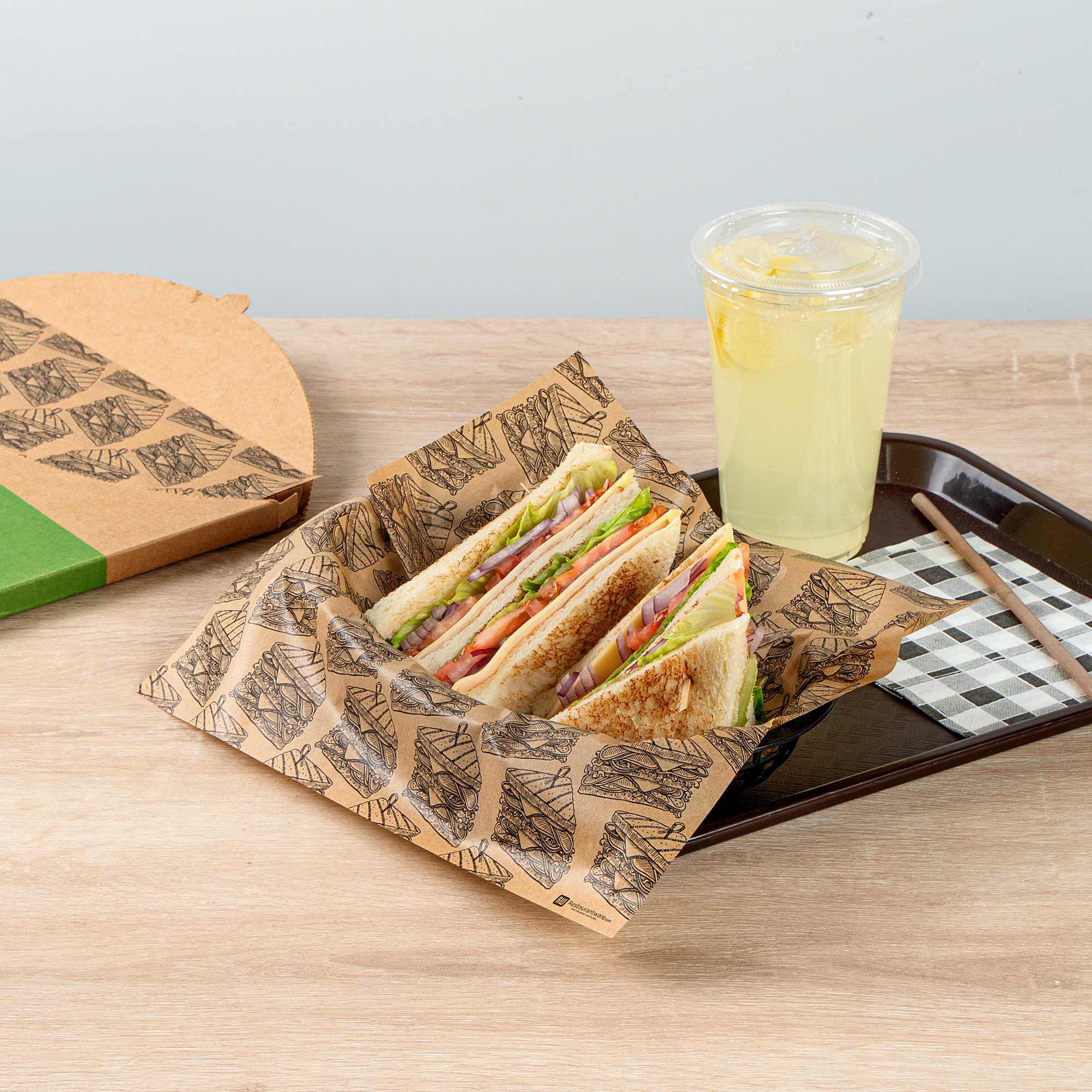 Chef 101 No PFAS Added Kraft Paper Sandwich Wrap and Fry Basket Liner - Triple Decker, Greaseproof - 12" x 12" - 2000 count box