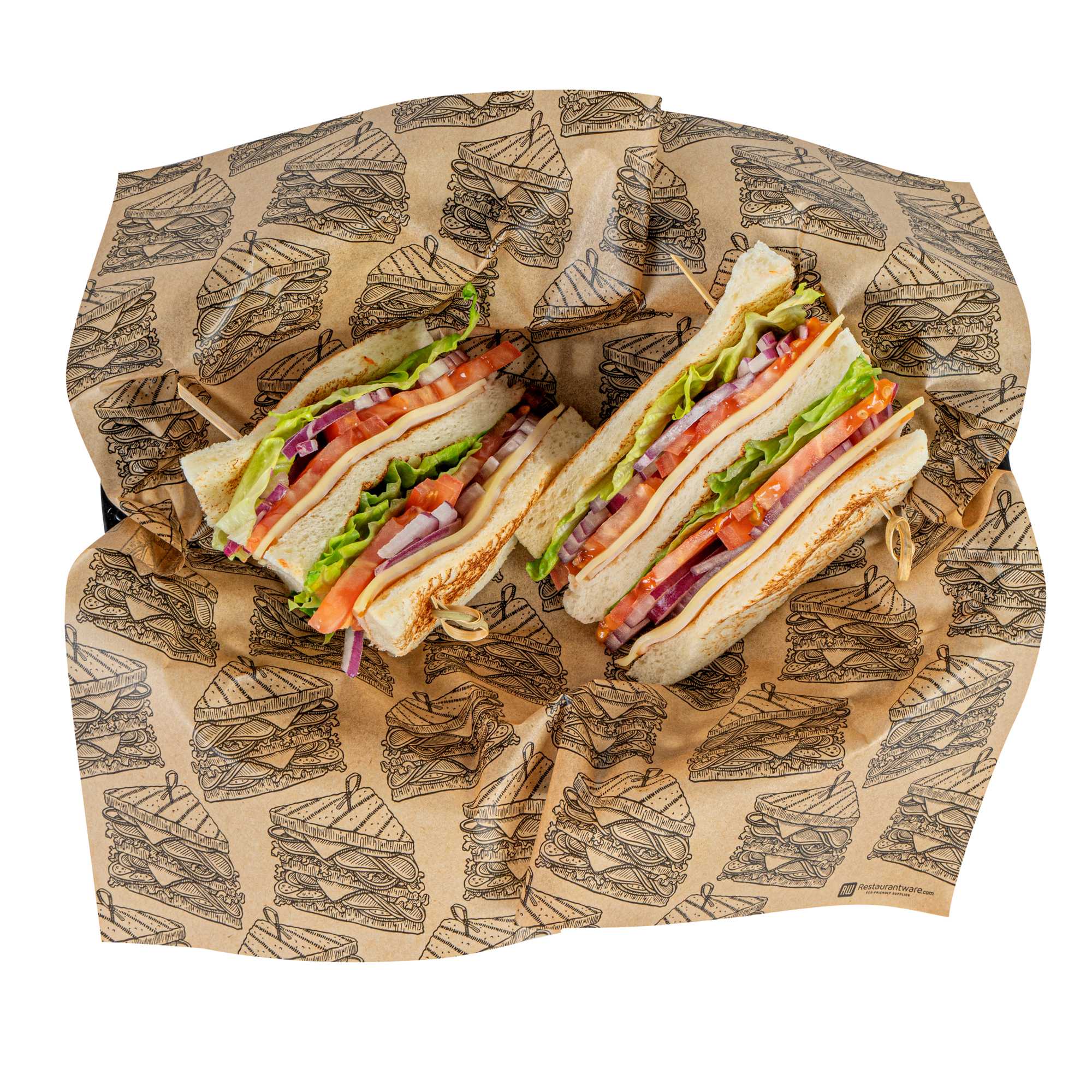 Chef 101 No PFAS Added Kraft Paper Sandwich Wrap and Fry Basket Liner - Triple Decker, Greaseproof - 12" x 12" - 2000 count box