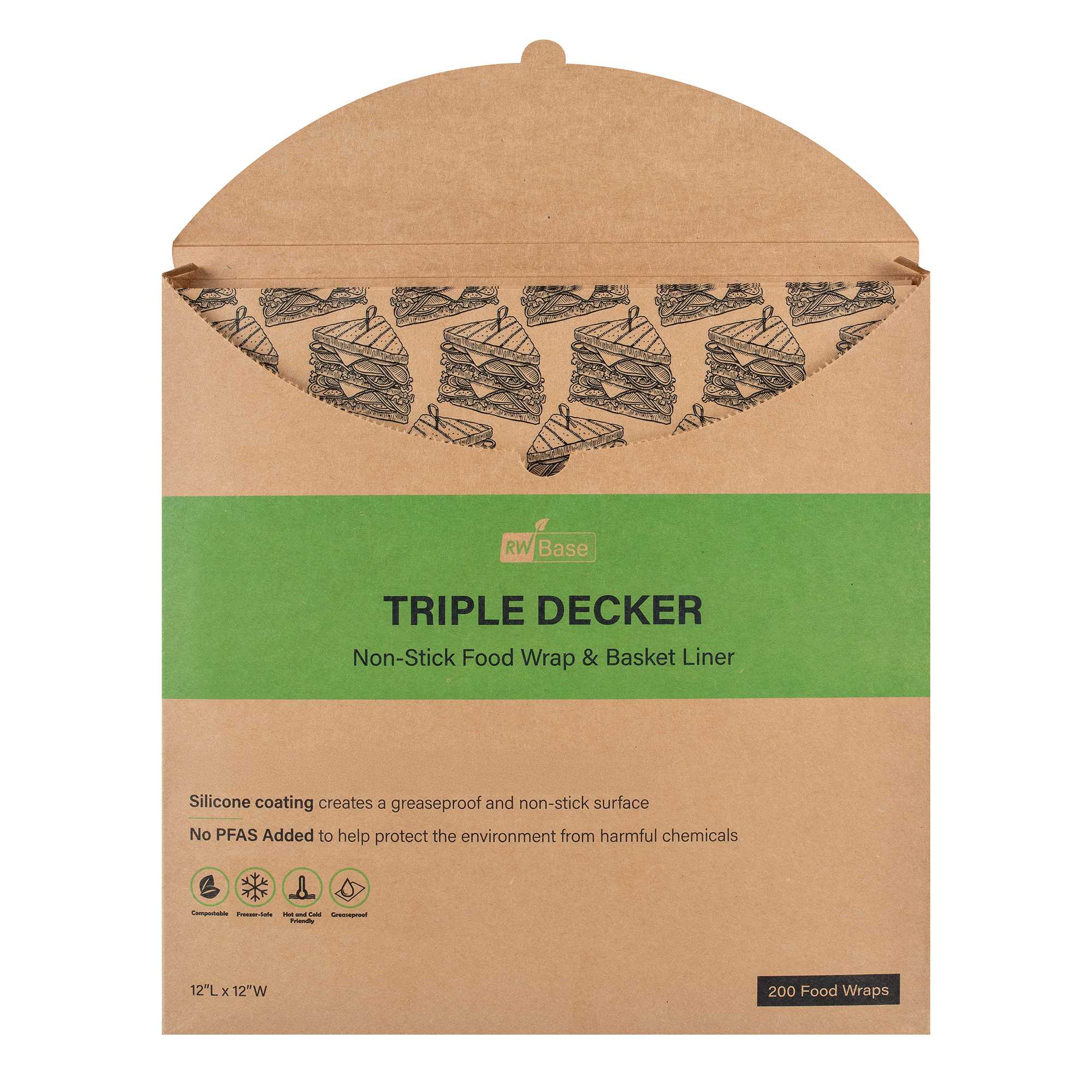 Chef 101 No PFAS Added Kraft Paper Sandwich Wrap and Fry Basket Liner - Triple Decker, Greaseproof - 12" x 12" - 2000 count box