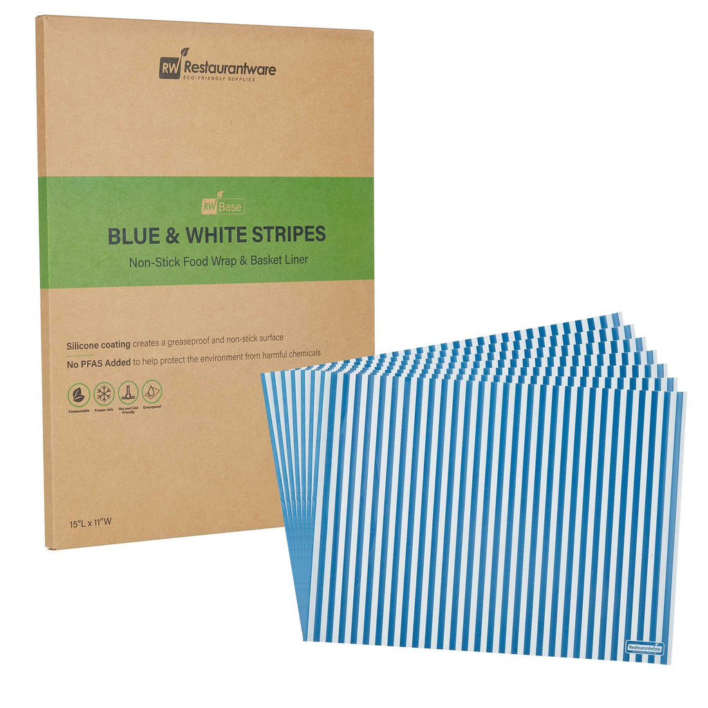 Chef 101 No PFAS Added Blue and White Stripe Paper Food Wrap and Basket Liner - Greaseproof - 15" x 11" - 200 count box