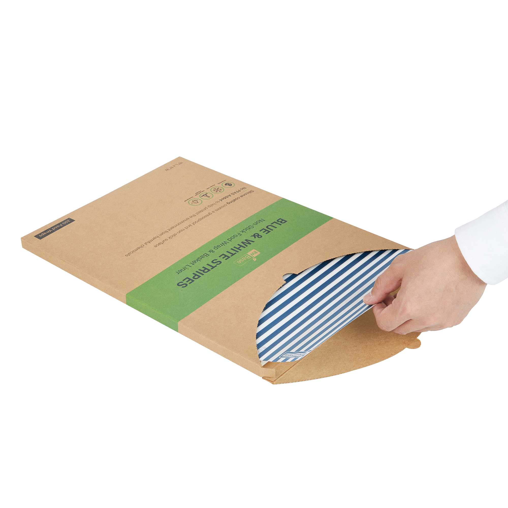 Chef 101 No PFAS Added Blue and White Stripe Paper Food Wrap and Basket Liner - Greaseproof - 15" x 11" - 200 count box