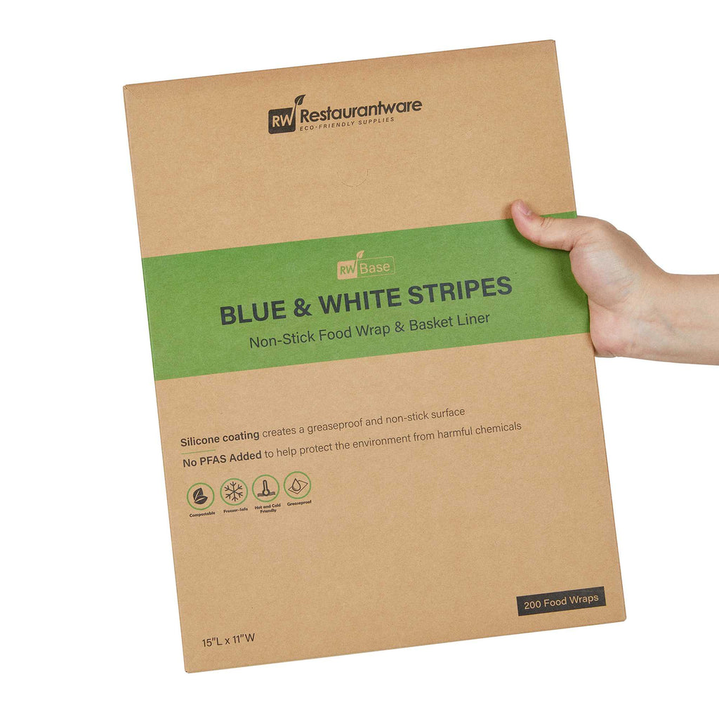 Chef 101 No PFAS Added Blue and White Stripe Paper Food Wrap and Basket Liner - Greaseproof - 15" x 11" - 200 count box