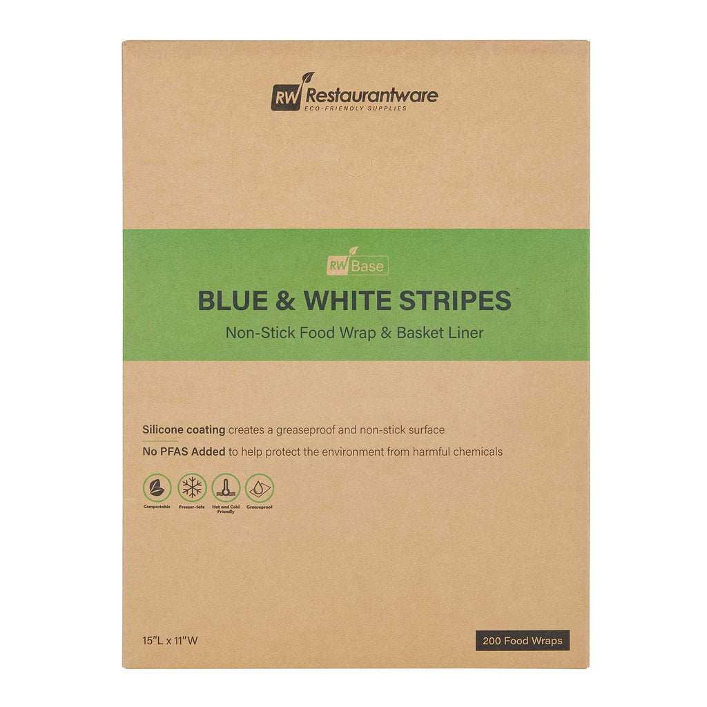 Chef 101 No PFAS Added Blue and White Stripe Paper Food Wrap and Basket Liner - Greaseproof - 15" x 11" - 200 count box